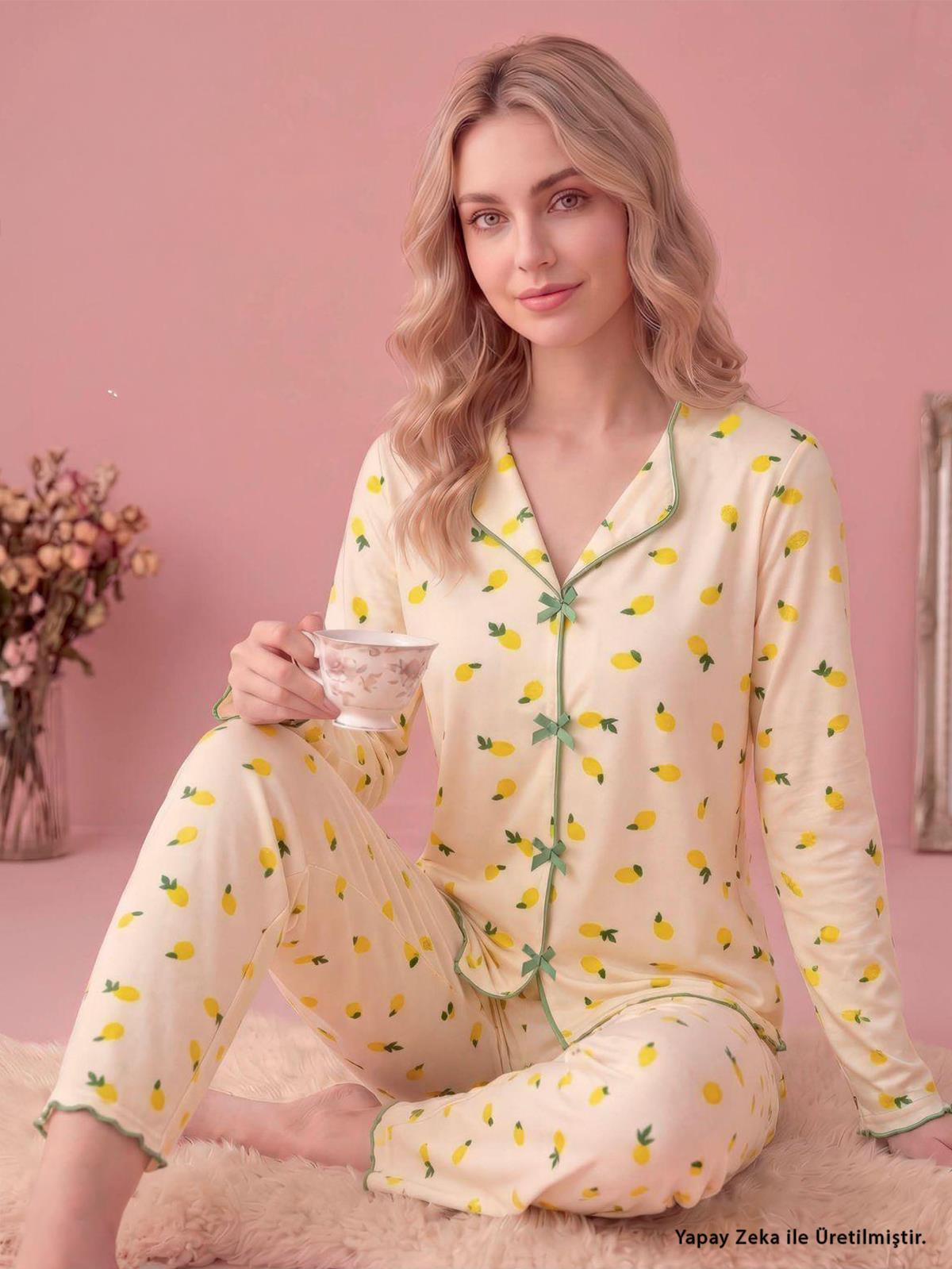 Manolya Milan Süfleli Limon Desen U. Kol S-XXL Pijama Takım - Sarı
