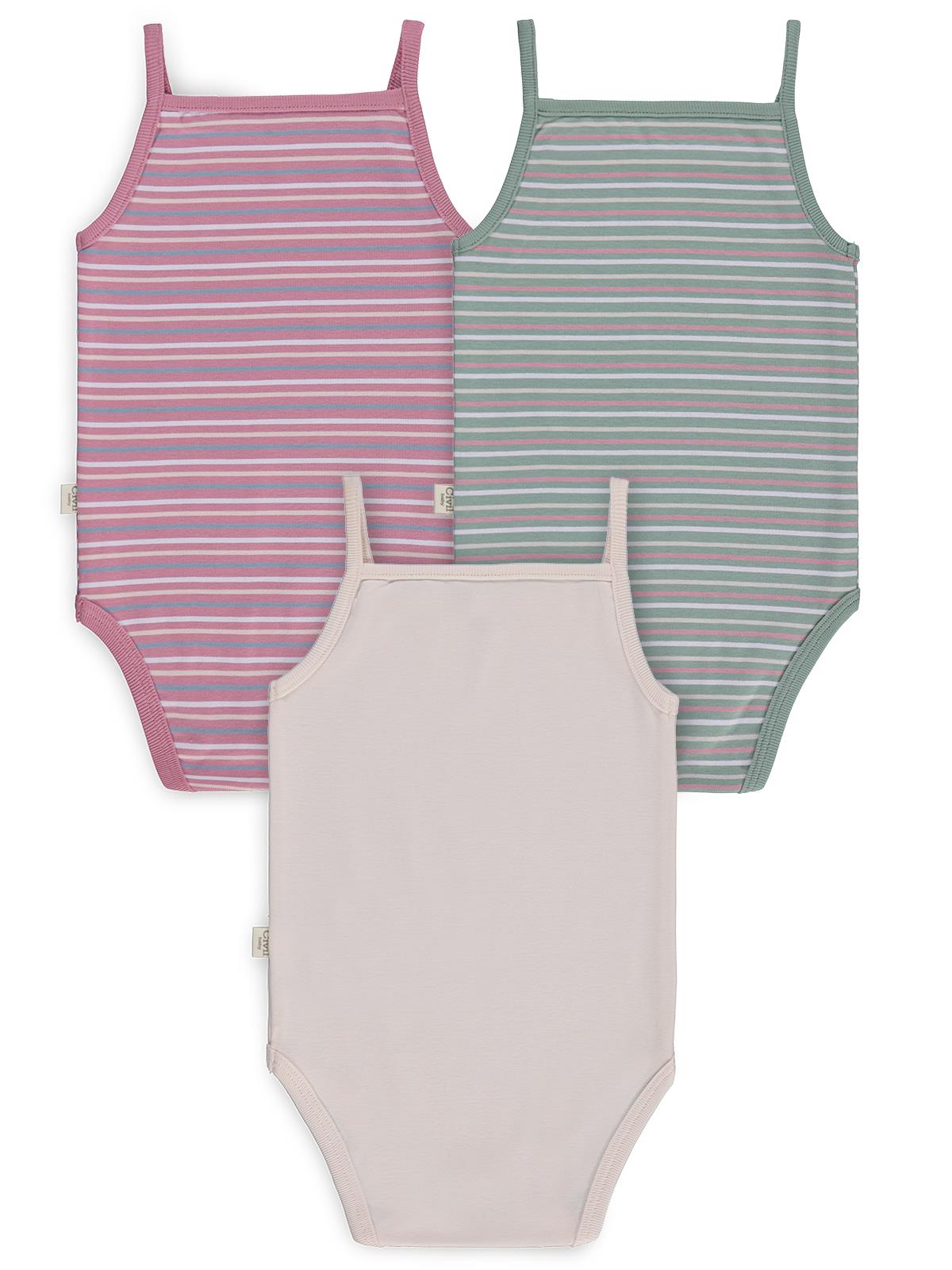 Civil Baby 3 lü Çizgili İp Askılı 0-36 Ay Çıtçıtlı Badi - Pembe