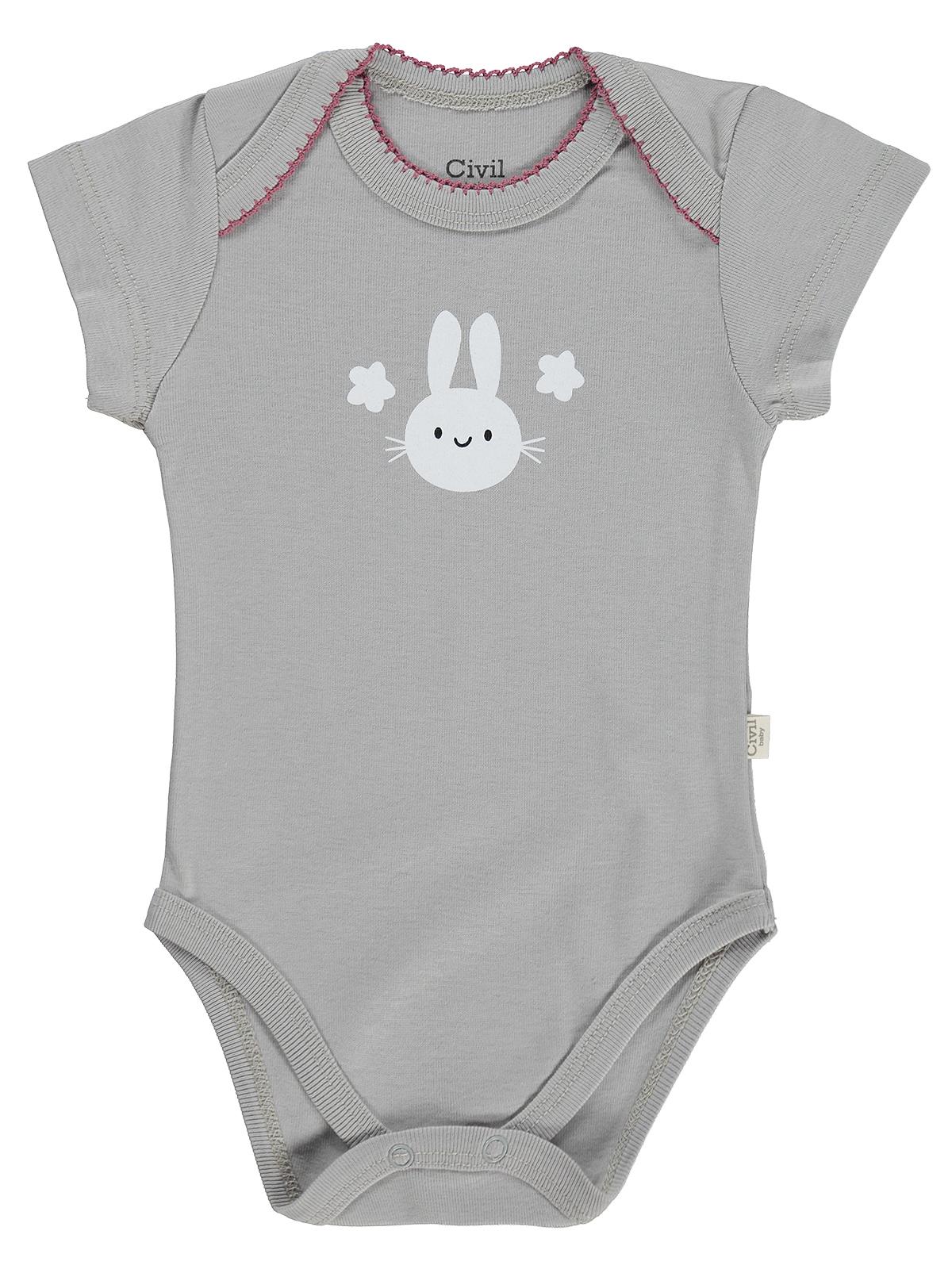 Civil Baby 3 lü Tavşan Empirmeli Kısa Kol 0-36 Ay Çıtçıtlı Badi - Pudra