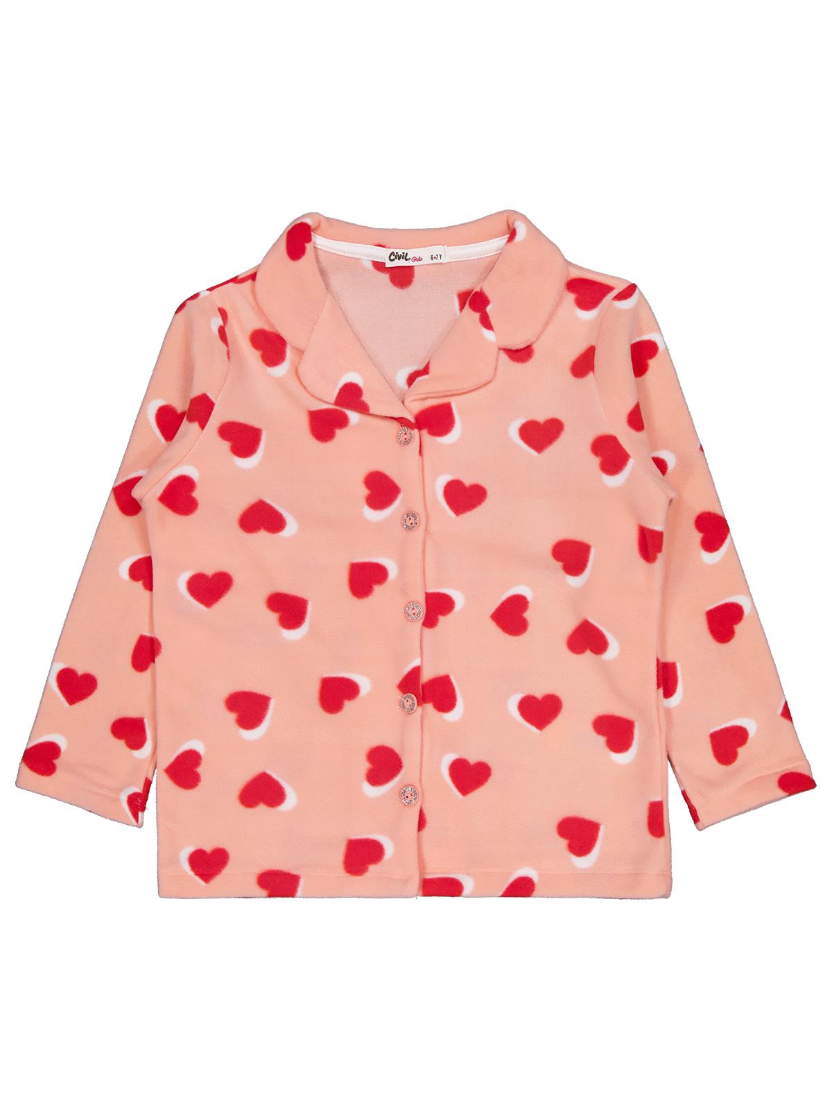 Civil Girls Kız Çocuk Kalp Desenli Pijama Takımı | Polar-Polar Uzun Kol | Okul Kreş ve Günlük Kullanım - Pudra