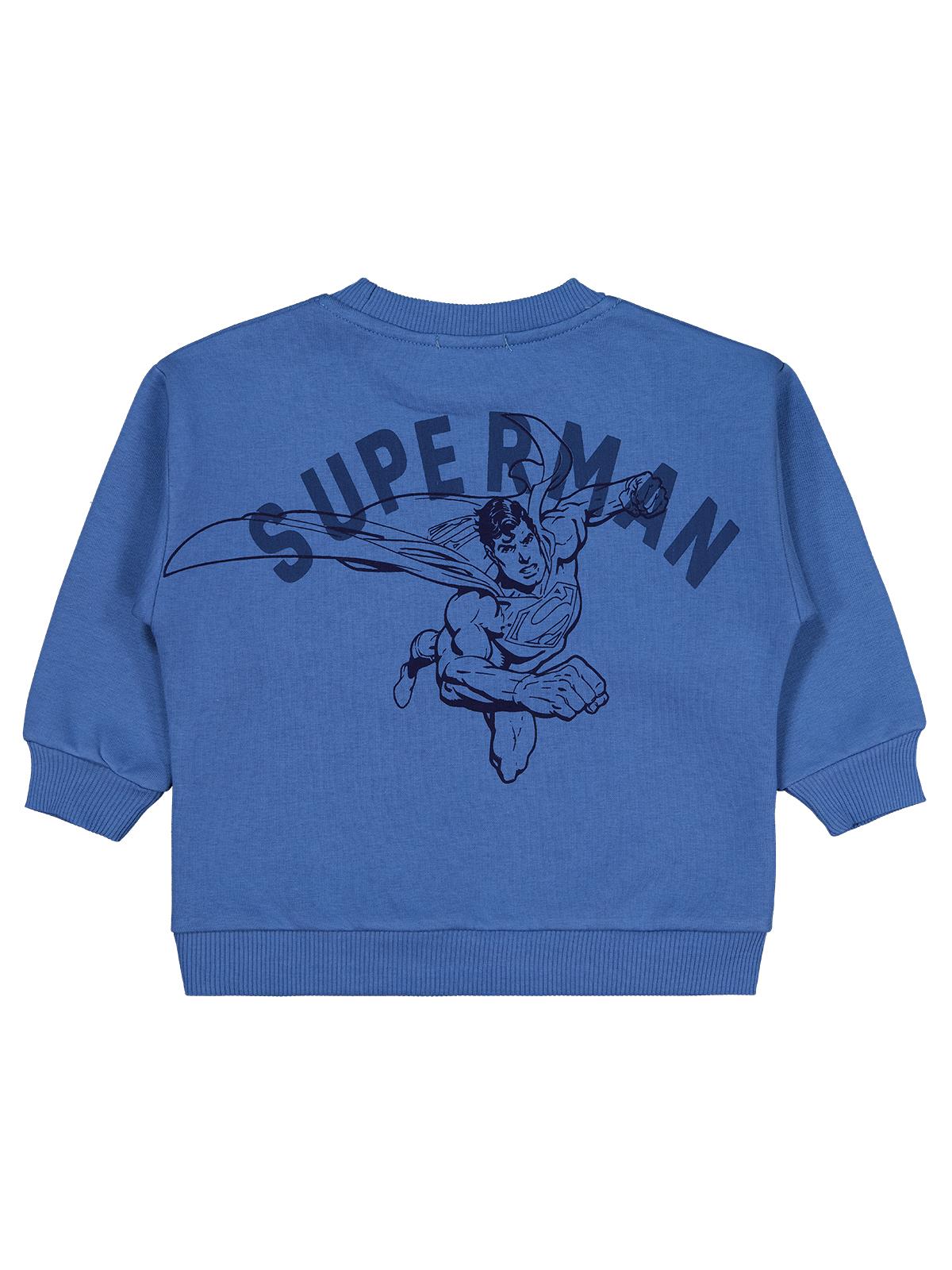 Superman Logo Baskılı Sweatshirt | 3 İp Uzun Kol Bisiklet Yaka | Okul Kreş ve Günlük Kullanım - Mavi