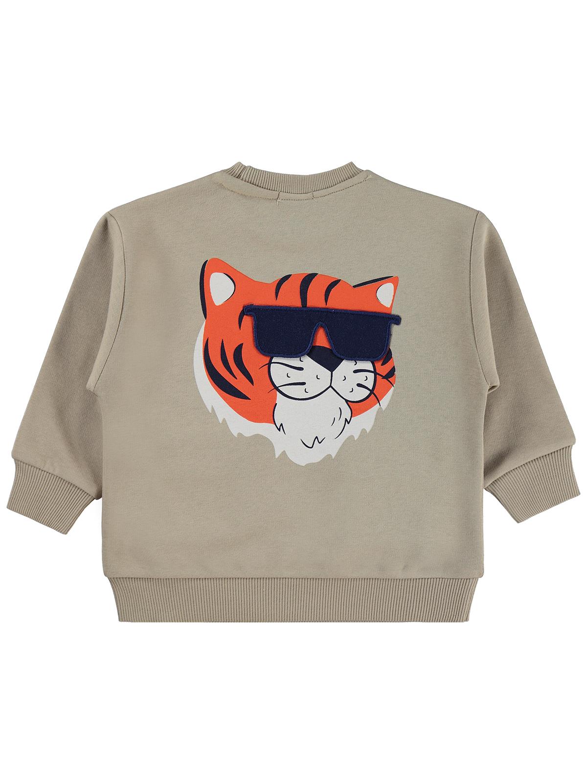 Civil Erkek Çocuk Tiger Baskı-Nakışlı Sweatshirt | 3 İp Uzun Kol | Okul Kreş ve Günlük Kullanım - Bej