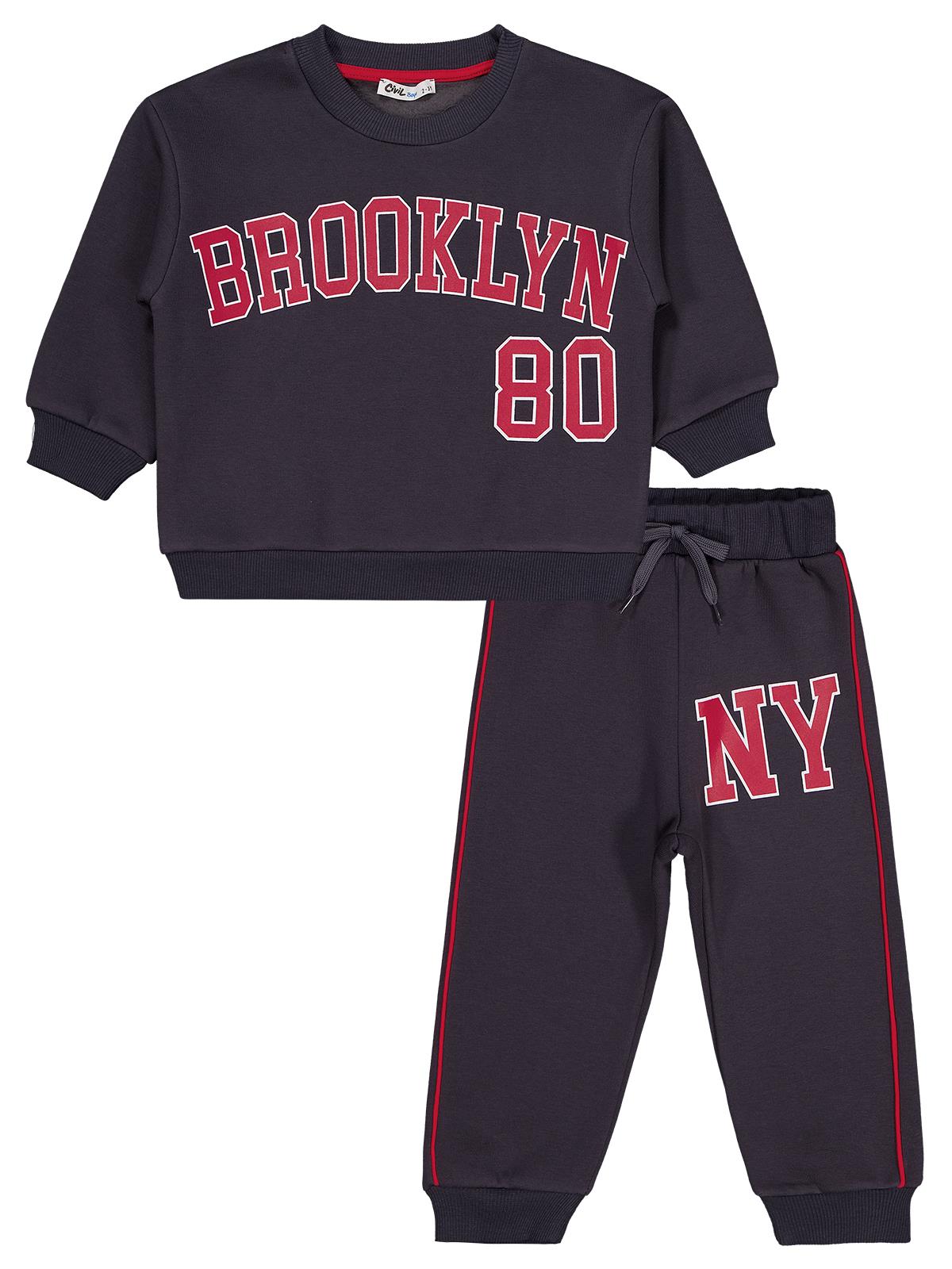 Civil Erkek Çocuk Brooklyn 80 Baskılı Biyeli Eşofman Takımı | Okul Kreş ve Günlük Kullanım - Gri
