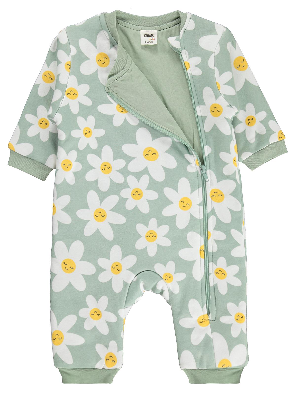 Civil Baby Çiçek Empirme | 2.5 TOG Uyku Tulumu| Pamuklu İnterlok | Uzun Kollu Bisiklet Yaka - Yeşil