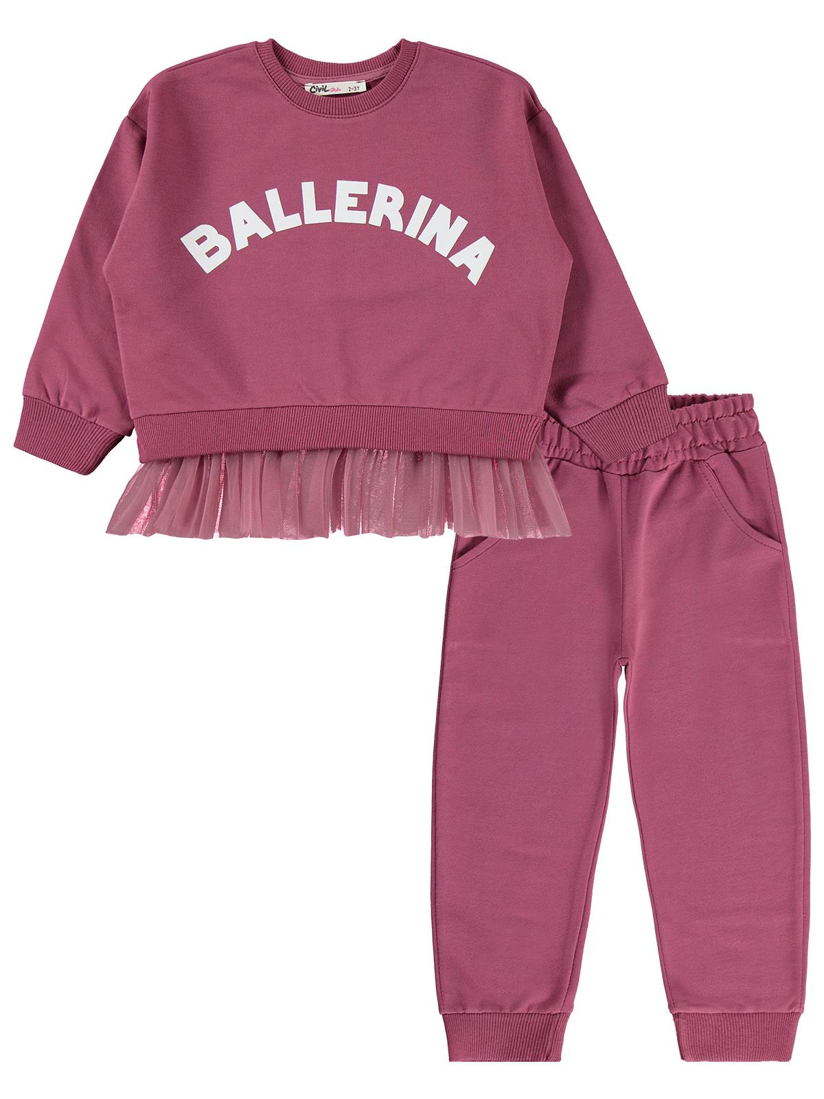 Civil Girls Kız Çocuk Ballerina Baskılı Eşofman Takımı | 2 İp Uzun Kol | Okul Kreş ve Günlük Kullanım - Lila