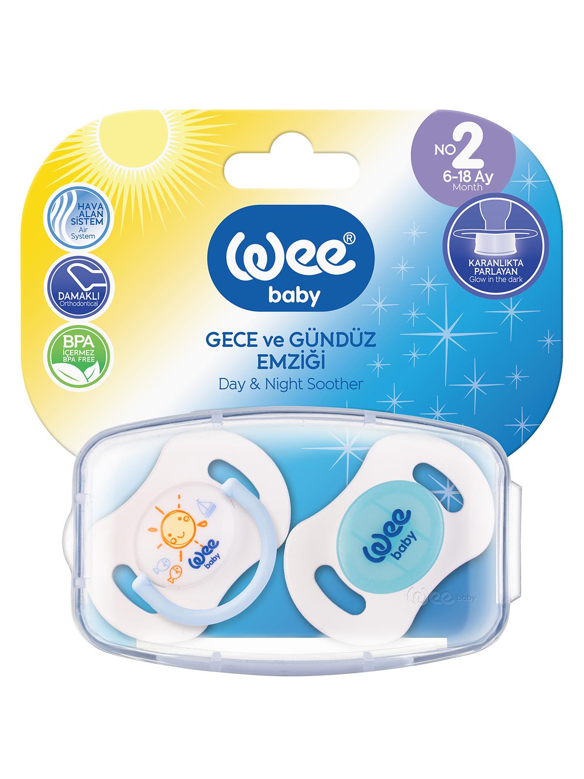 Wee Baby 2'li Gece Gündüz Emzik No:2 (Saklama Kabı Hediyeli) - Mavi