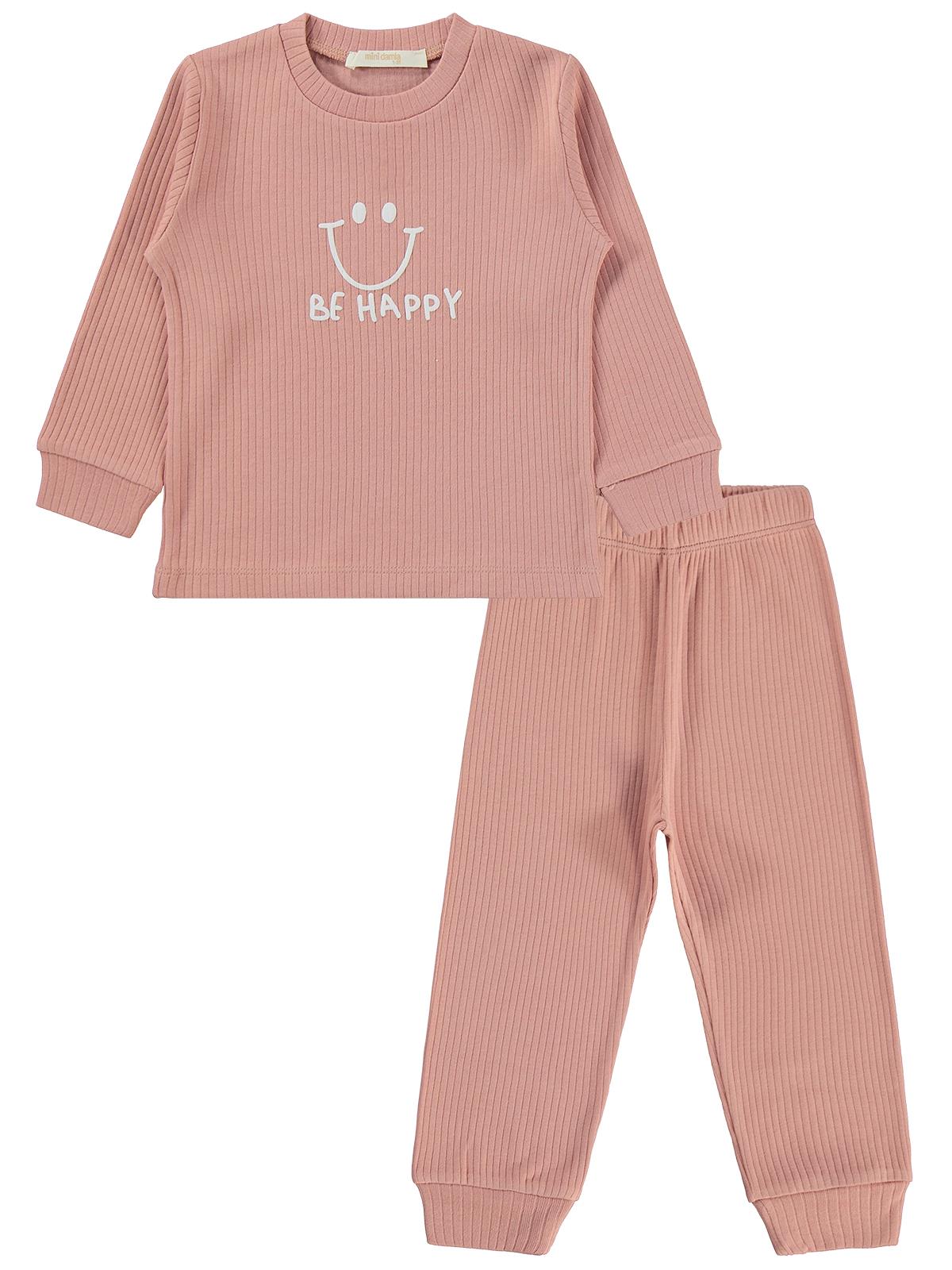 Minidamla Gülen Yüz Baskılı Pijama Takımı | İnterlok Uzun Kol | Okul Kreş ve Günlük Kullanım - Pembe
