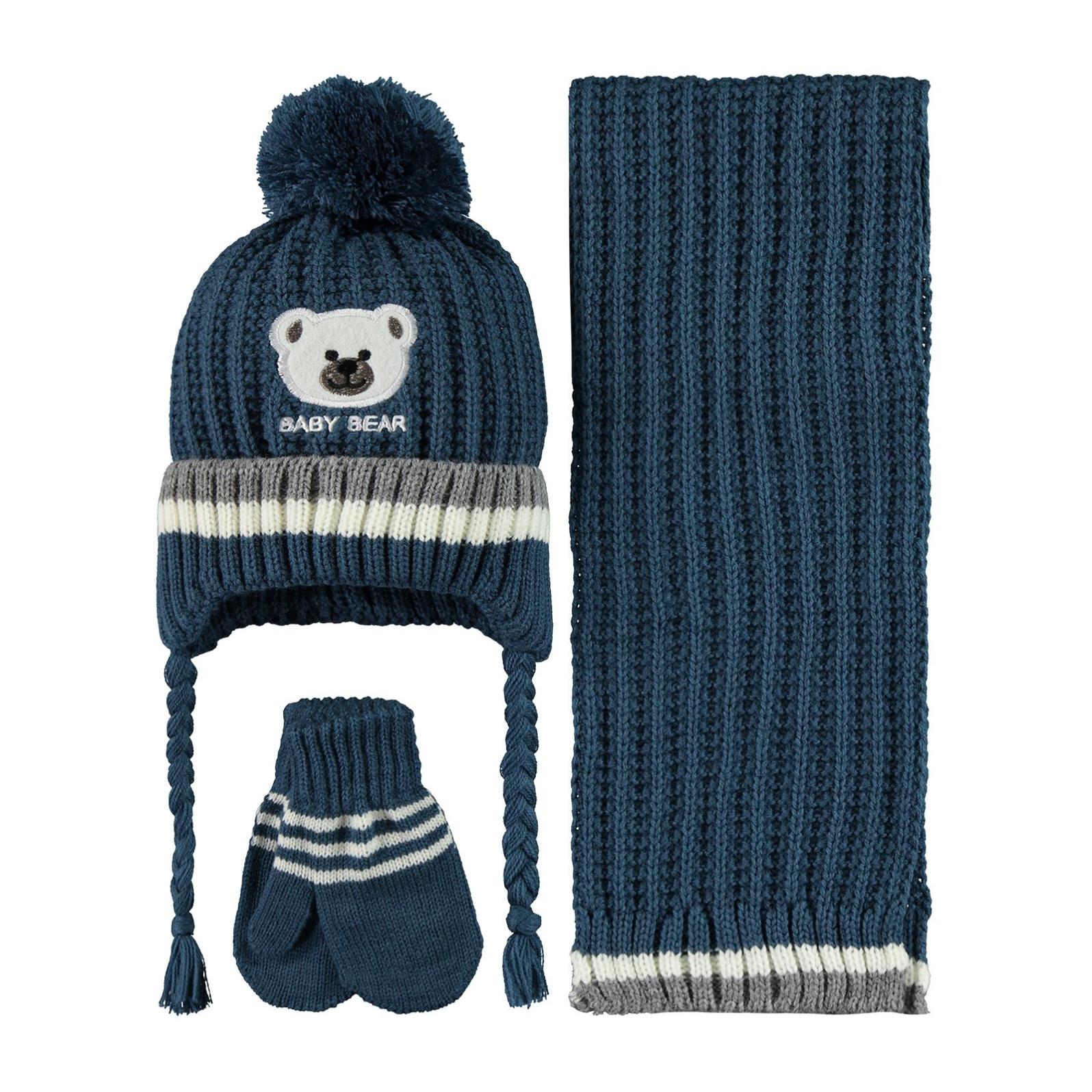 Civil Baby Baby Bear Nakış Desen 0-24 Ay Atkı Bere Eldiven Set - Mavi
