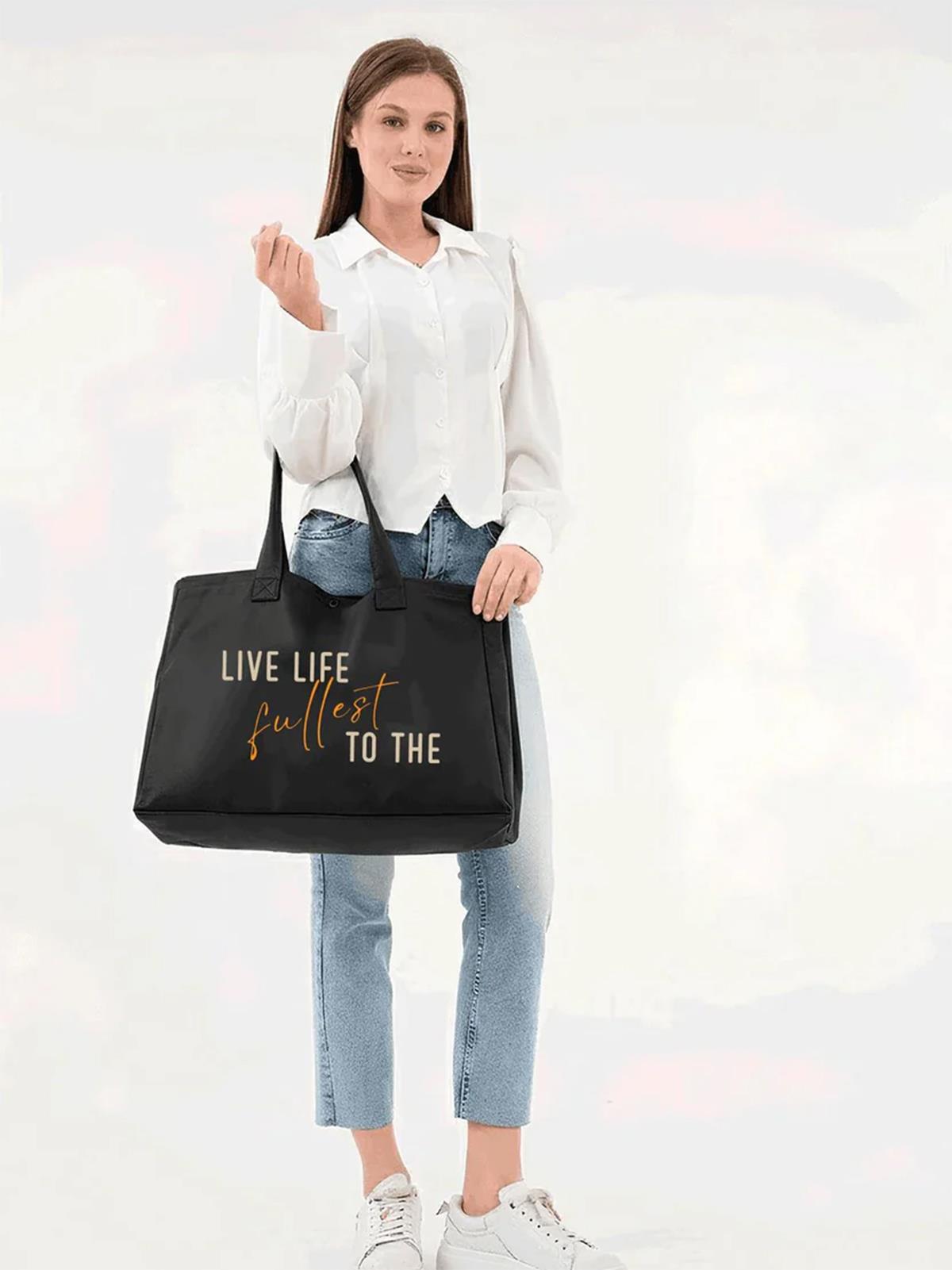 Çınar Bez Çanta Siyah 3 Çıtlı Live Life Baskılı Büyük Boy Kanvas Çanta - Standart
