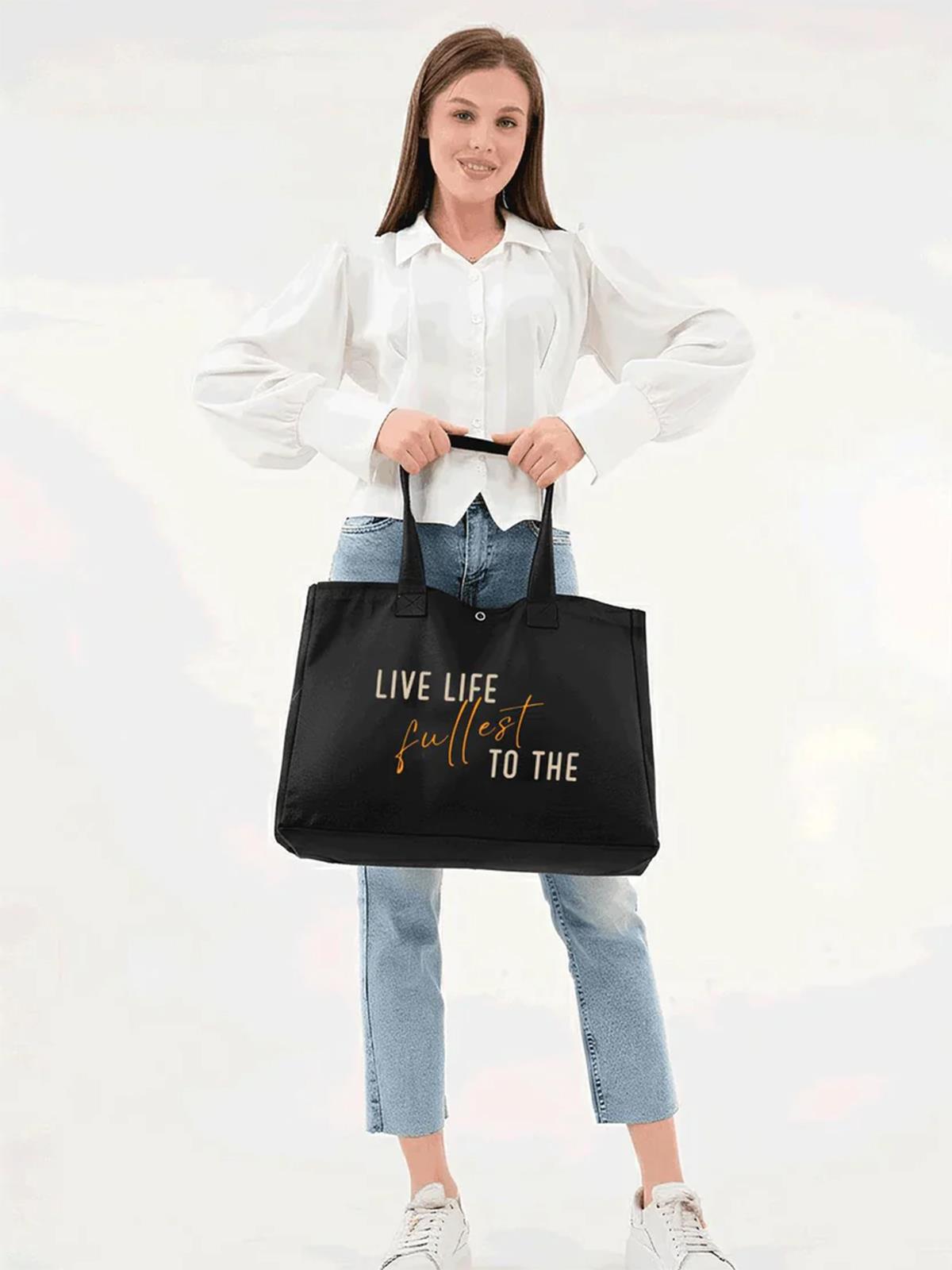 Çınar Bez Çanta Siyah 3 Çıtlı Live Life Baskılı Büyük Boy Kanvas Çanta - Standart