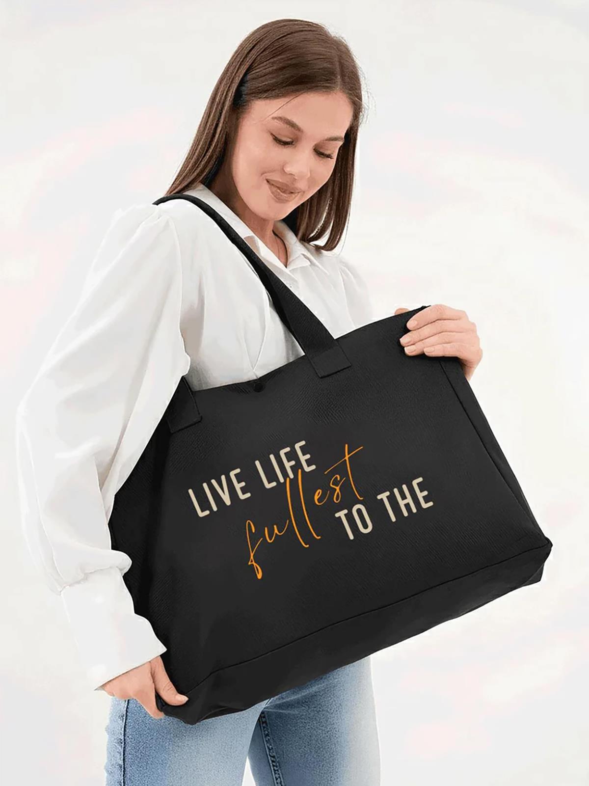 Çınar Bez Çanta Siyah 3 Çıtlı Live Life Baskılı Büyük Boy Kanvas Çanta - Standart