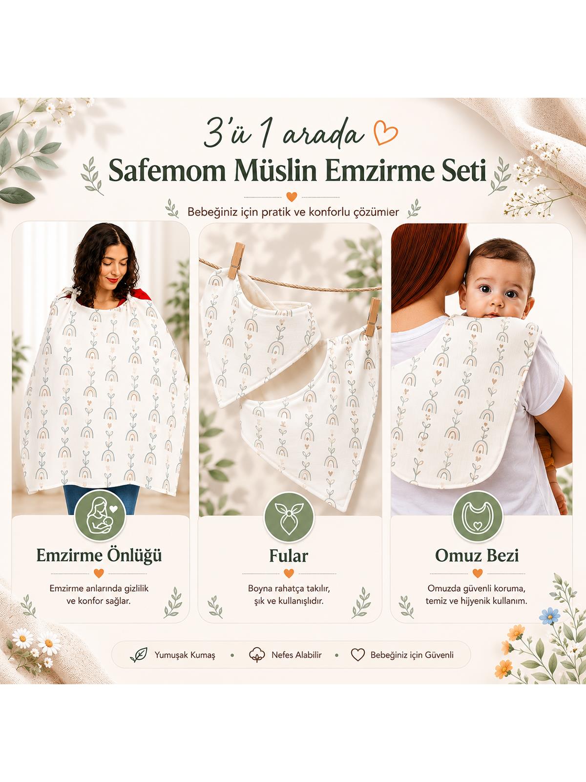 Safemom - Müslin Yeni Doğan Emzirme Seti - Swan - Turuncu