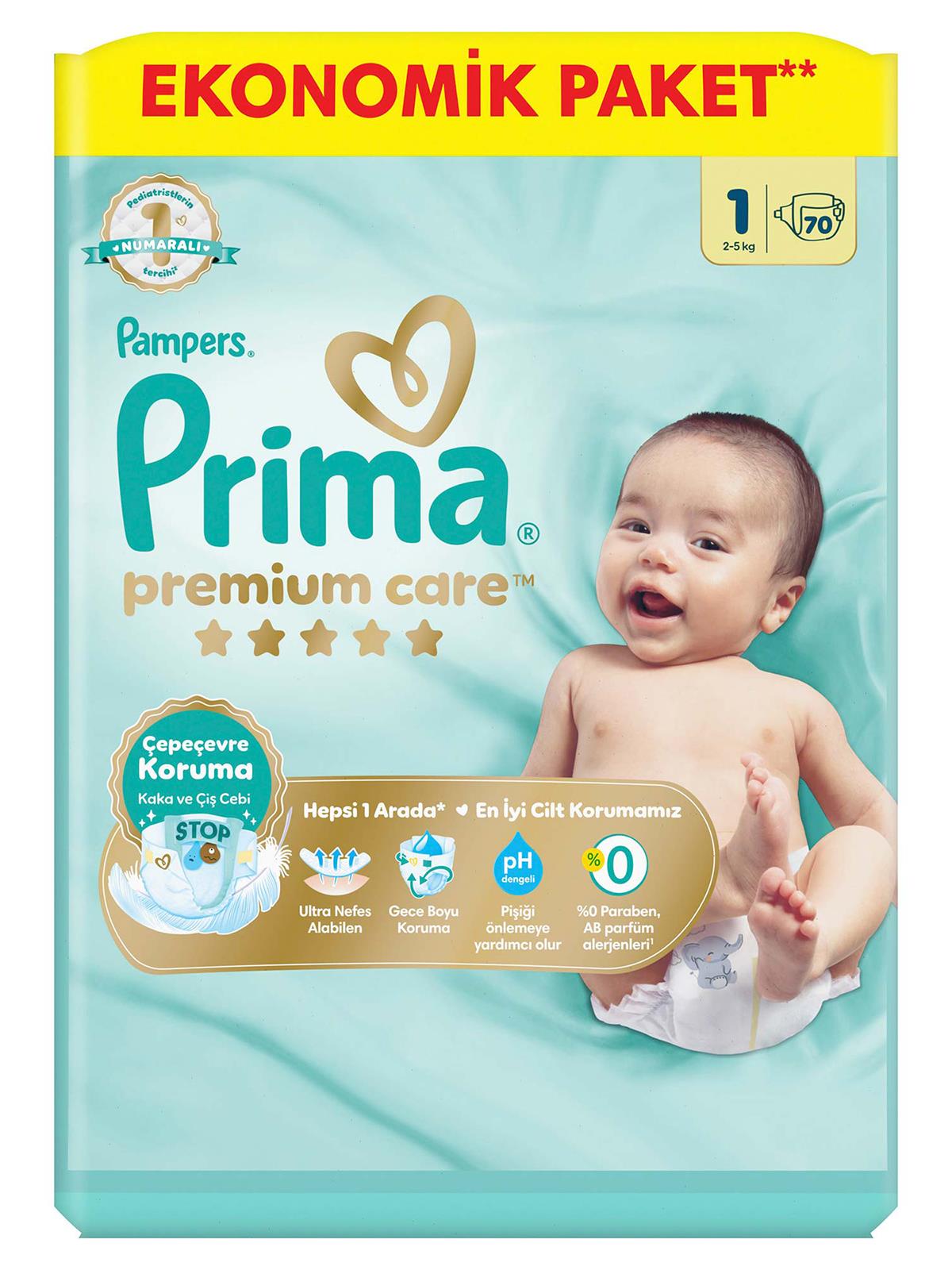 Prima Premium Care 1 Beden Bebek Bezi Ekonomik Paket Yenidoğan 70 Adet