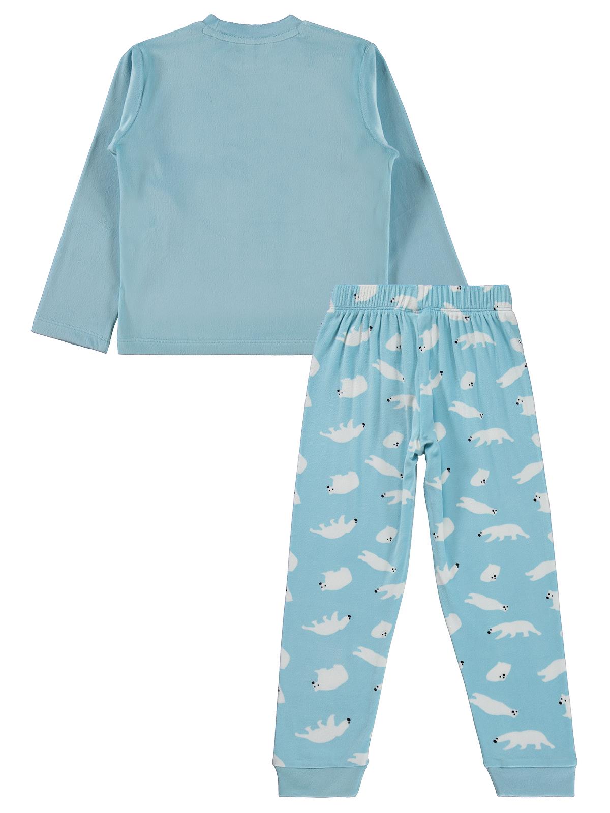 Kutup Ayısı Basıklı Pijama Takımı | Kadife Uzun Kol Bisiklet Yaka | Okul Kreş ve Günlük Kullanım - Mavi