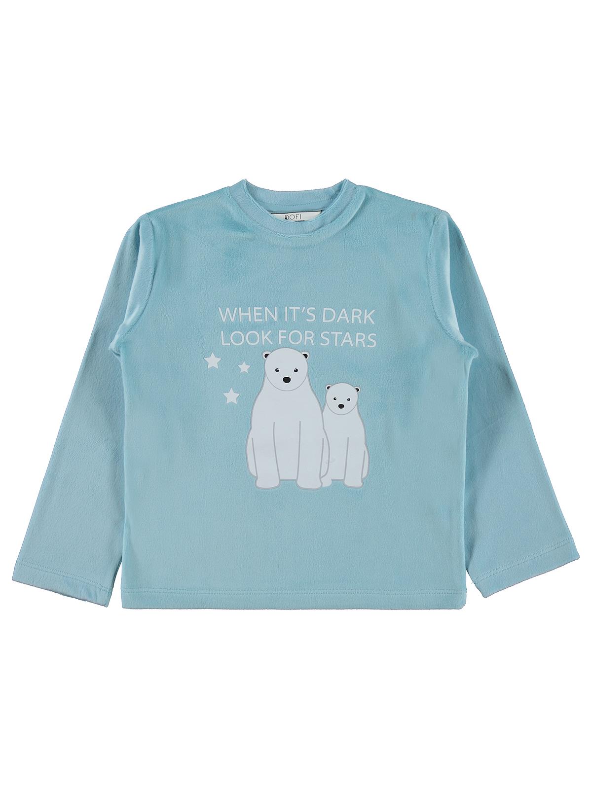 Kutup Ayısı Basıklı Pijama Takımı | Kadife Uzun Kol Bisiklet Yaka | Okul Kreş ve Günlük Kullanım - Mavi