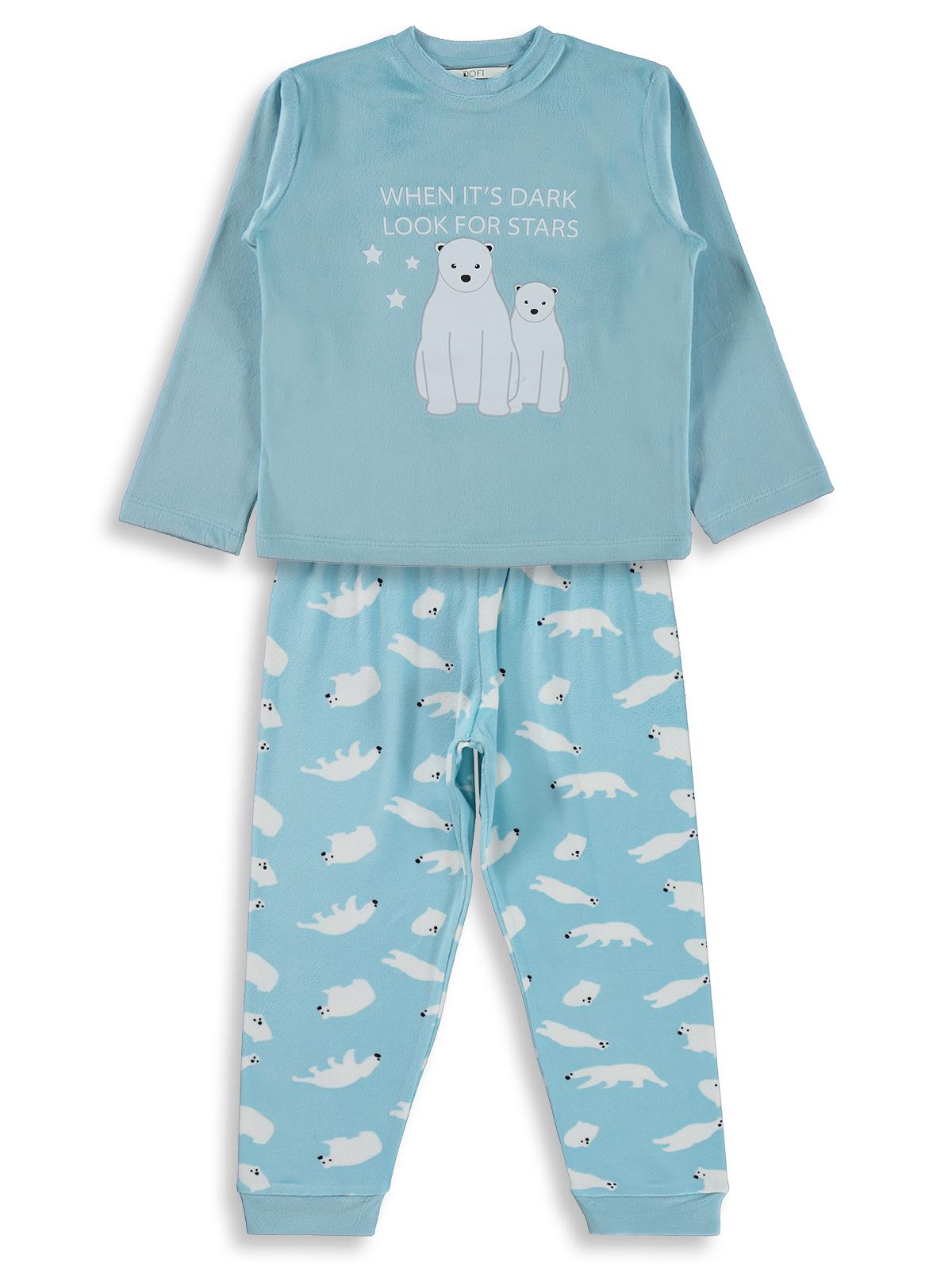 Kutup Ayısı Basıklı Pijama Takımı | Kadife Uzun Kol Bisiklet Yaka | Okul Kreş ve Günlük Kullanım - Mavi