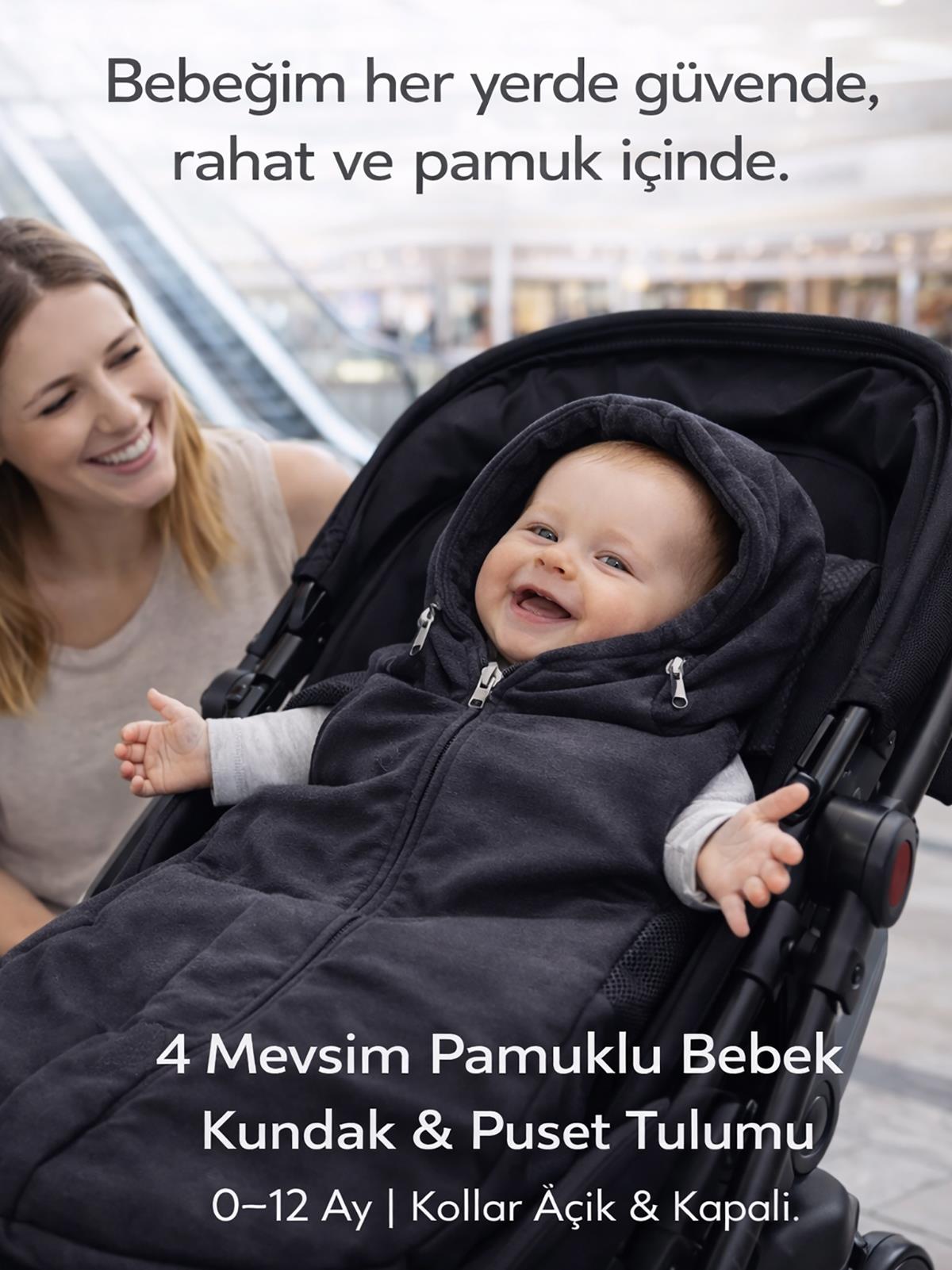 Ubeybi 4 Mevsim Bebek Arabası ve Ana Kucağı %100 Pamuklu Tulum (Footmuff) 0-12 Ay - Gri