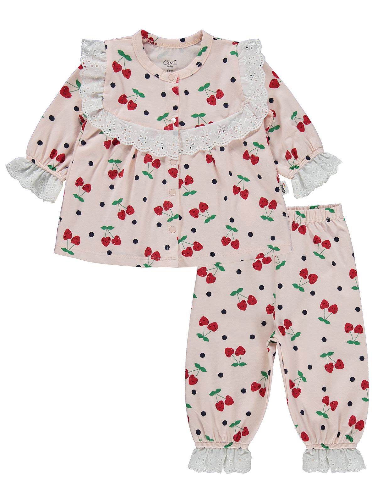 Civil Baby Puanlı Kiraz Emprime Fistolu Kız 6-18 Ay Pijama Takımı - Pudra