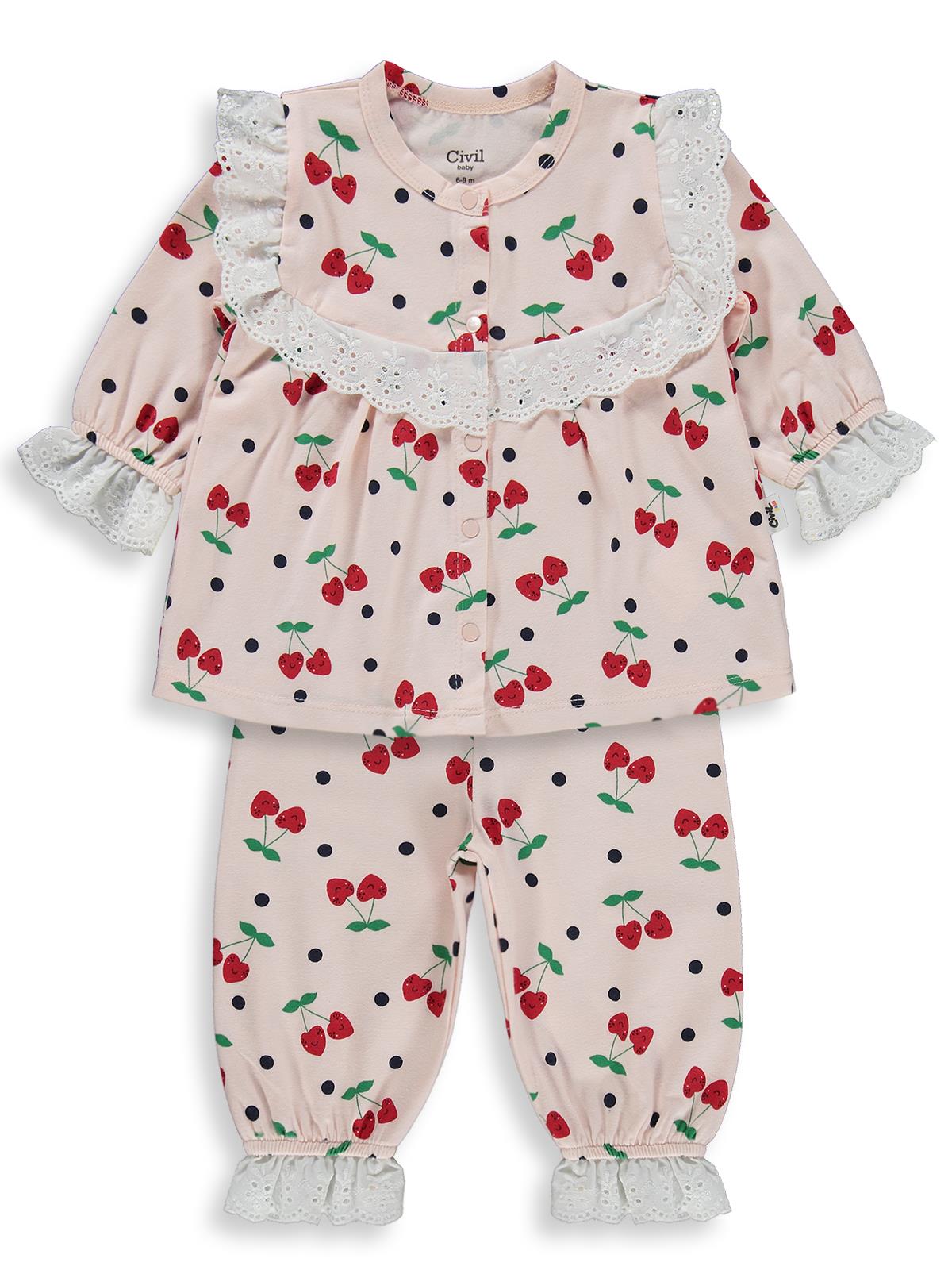 Civil Baby Puanlı Kiraz Emprime Fistolu Kız 6-18 Ay Pijama Takımı - Pudra