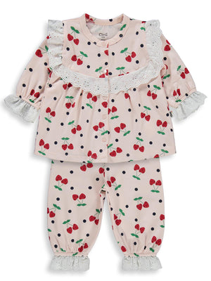 Civil Baby Puanlı Kiraz Emprime Fistolu Kız 6-18 Ay Pijama Takımı - Pudra