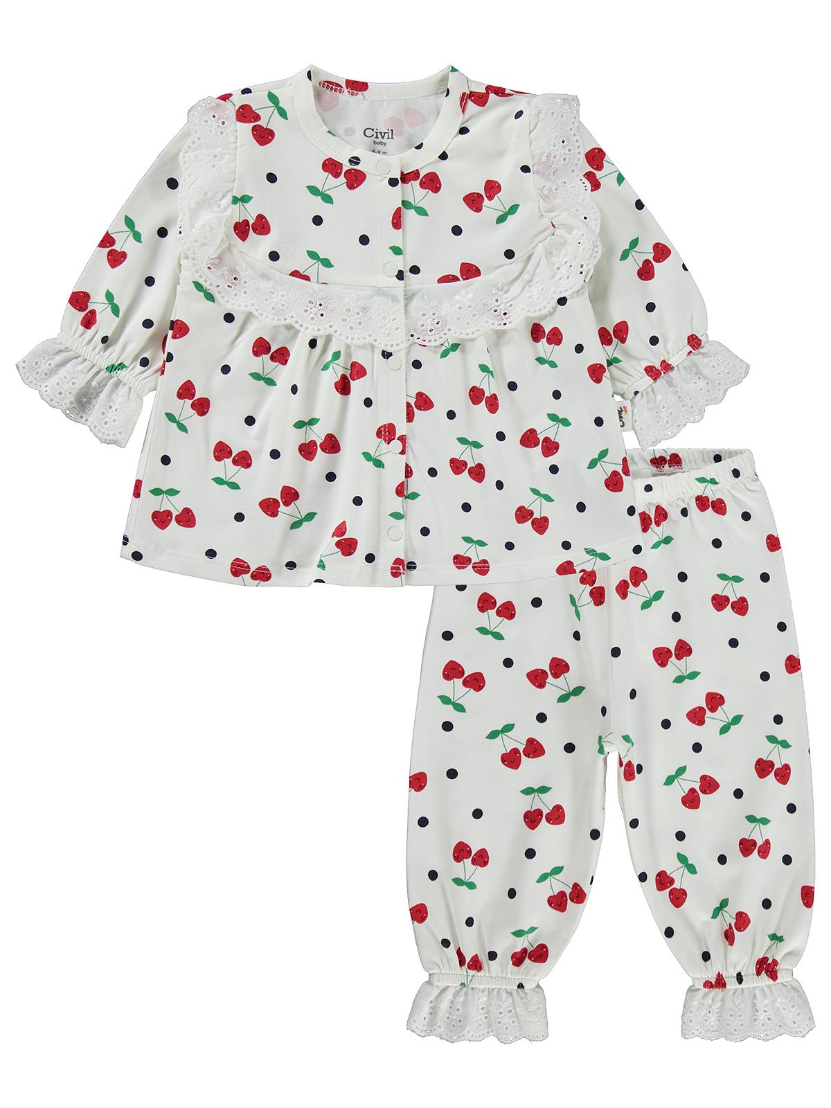 Civil Baby Puanlı Kiraz Emprime Fistolu Kız 6-18 Ay Pijama Takımı - Ekru
