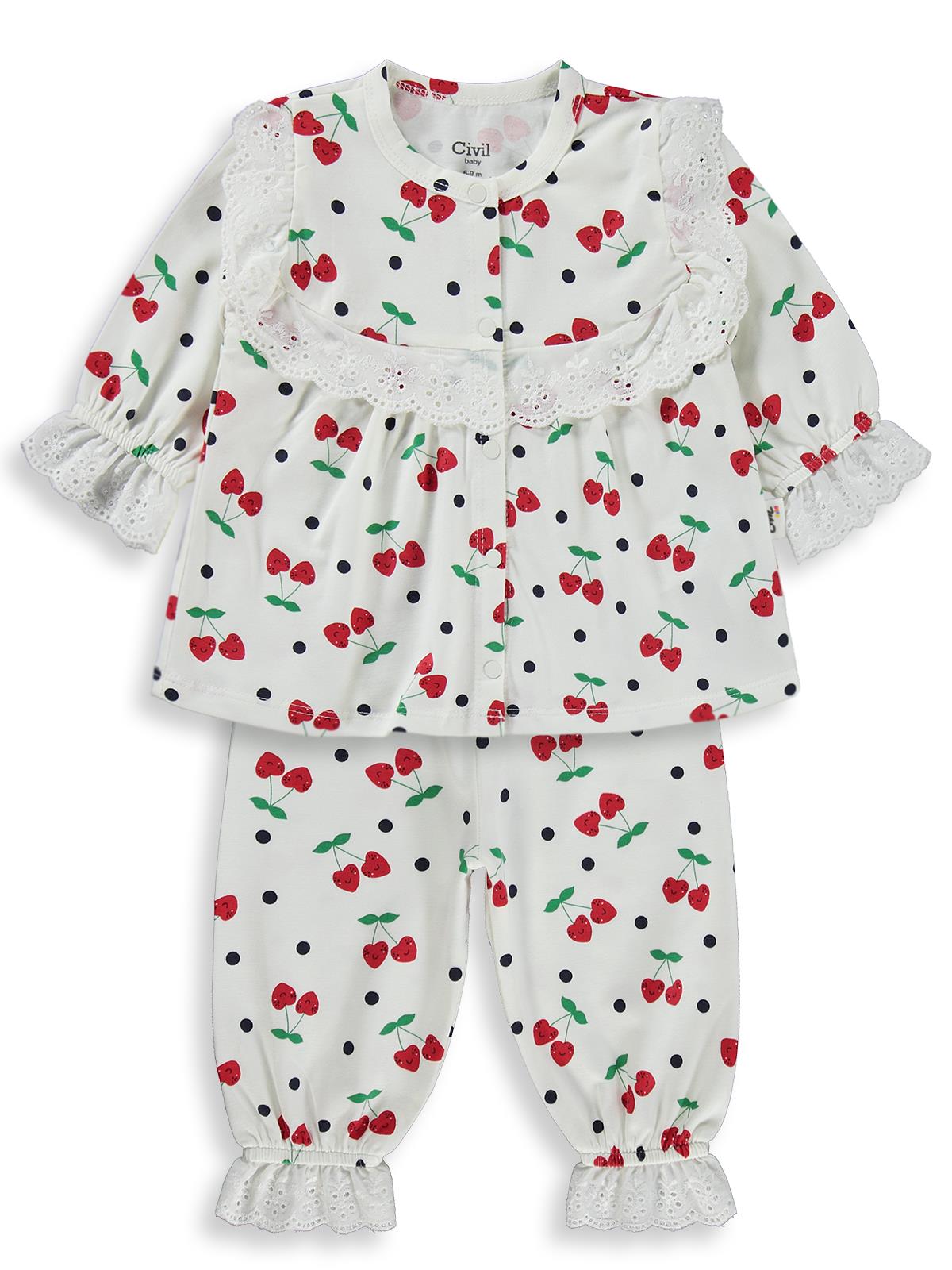 Civil Baby Puanlı Kiraz Emprime Fistolu Kız 6-18 Ay Pijama Takımı - Ekru