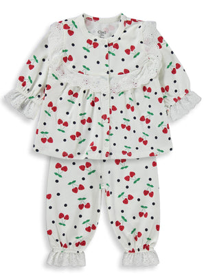 Civil Baby Puanlı Kiraz Emprime Fistolu Kız 6-18 Ay Pijama Takımı - Ekru