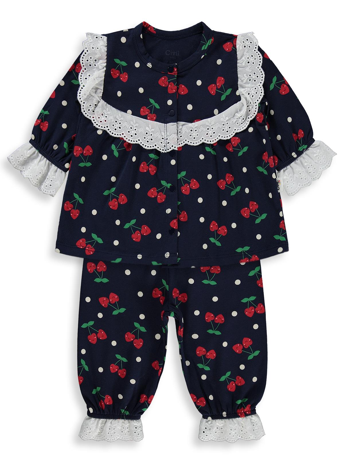 Civil Baby Puanlı Kiraz Emprime Fistolu Kız 6-18 Ay Pijama Takımı - Lacivert