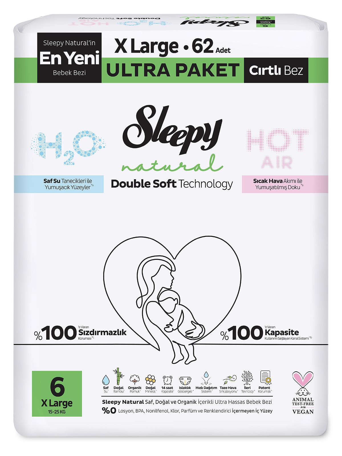 Sleepy Natural Bebek Bezi Double Soft Ultra Paket X Large 62 Adet