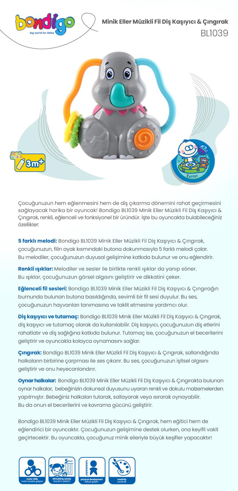 Bondigo Minik Eller Müzikli Fil - Işıklı Müzikli Diş Kaşıyıcı ve Çıngırak