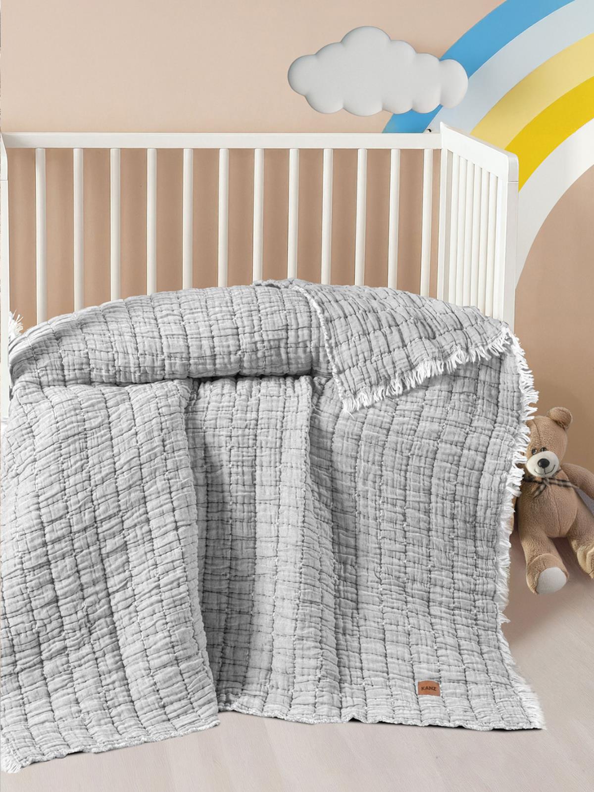 Kanz Light Dolgulu Müslin Çift Kat Bebek Yorganı 115x125 cm - Gri