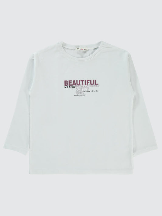 Civil Kız Çocuk Beautiful Baskılı Sweatshirt | Likralı Süprem | Okul Kreş ve Günlük Kullanım - Beyaz
