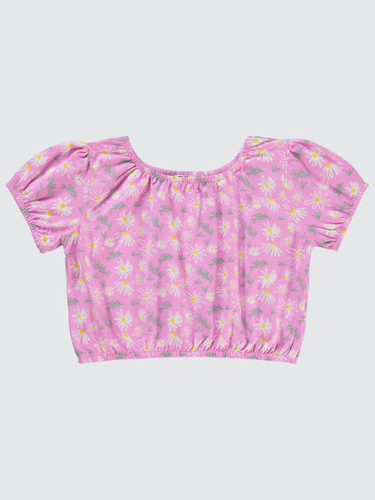 Civil Girls Lastikli Papatya Empirme Crop 6-9 Yaş Tişört - Pembe