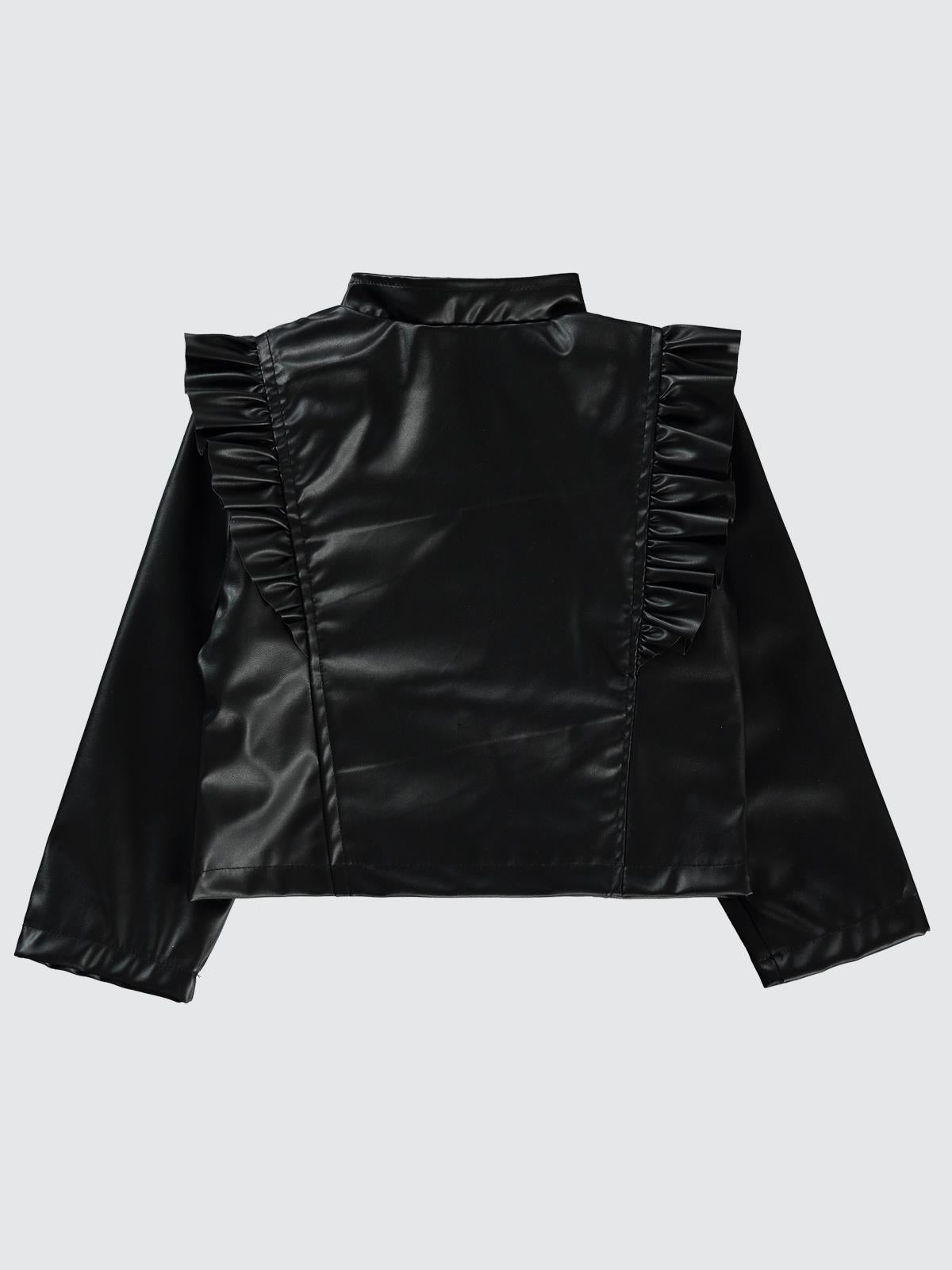 Civil Girls  Kız Çocuk Fırfırlı Deri Ceket | Suni Deri Uzun Kol Hakim Yaka | Okul Kreş ve Günlük Kullanım - Siyah