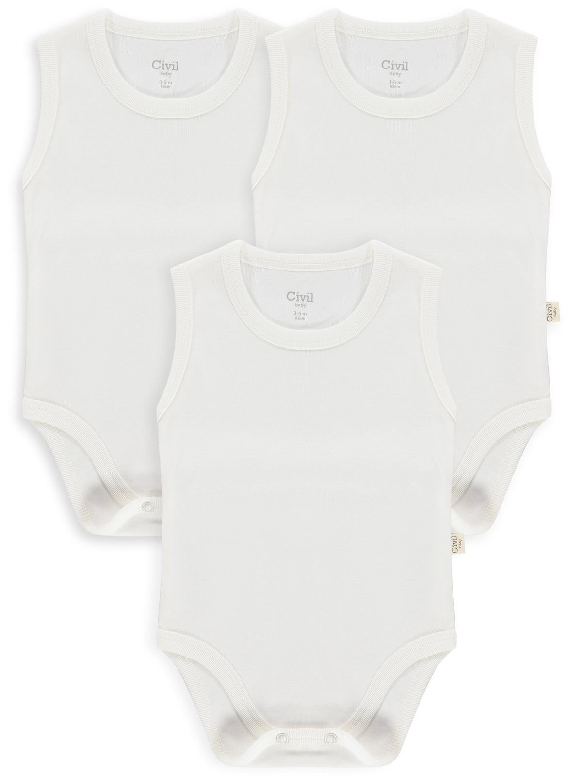 Civil Baby Düz Sıfır Kol 3 lü 3-9 Ay Çıtçıtlı Badi - Beyaz