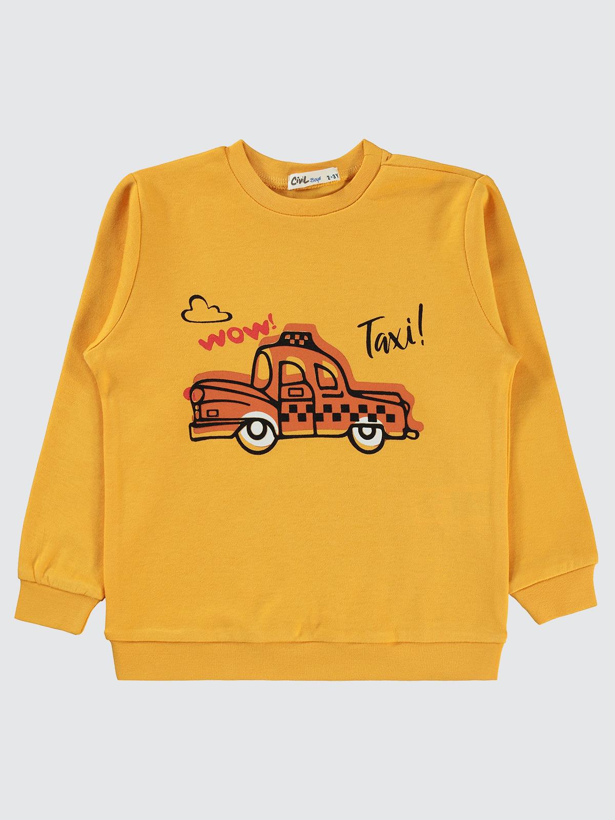 Civil Erkek Çocuk Taksi Baskılı Sweatshirt | İnterlok Uzun Kol | Okul Kreş ve Günlük Kullanım - Hardal
