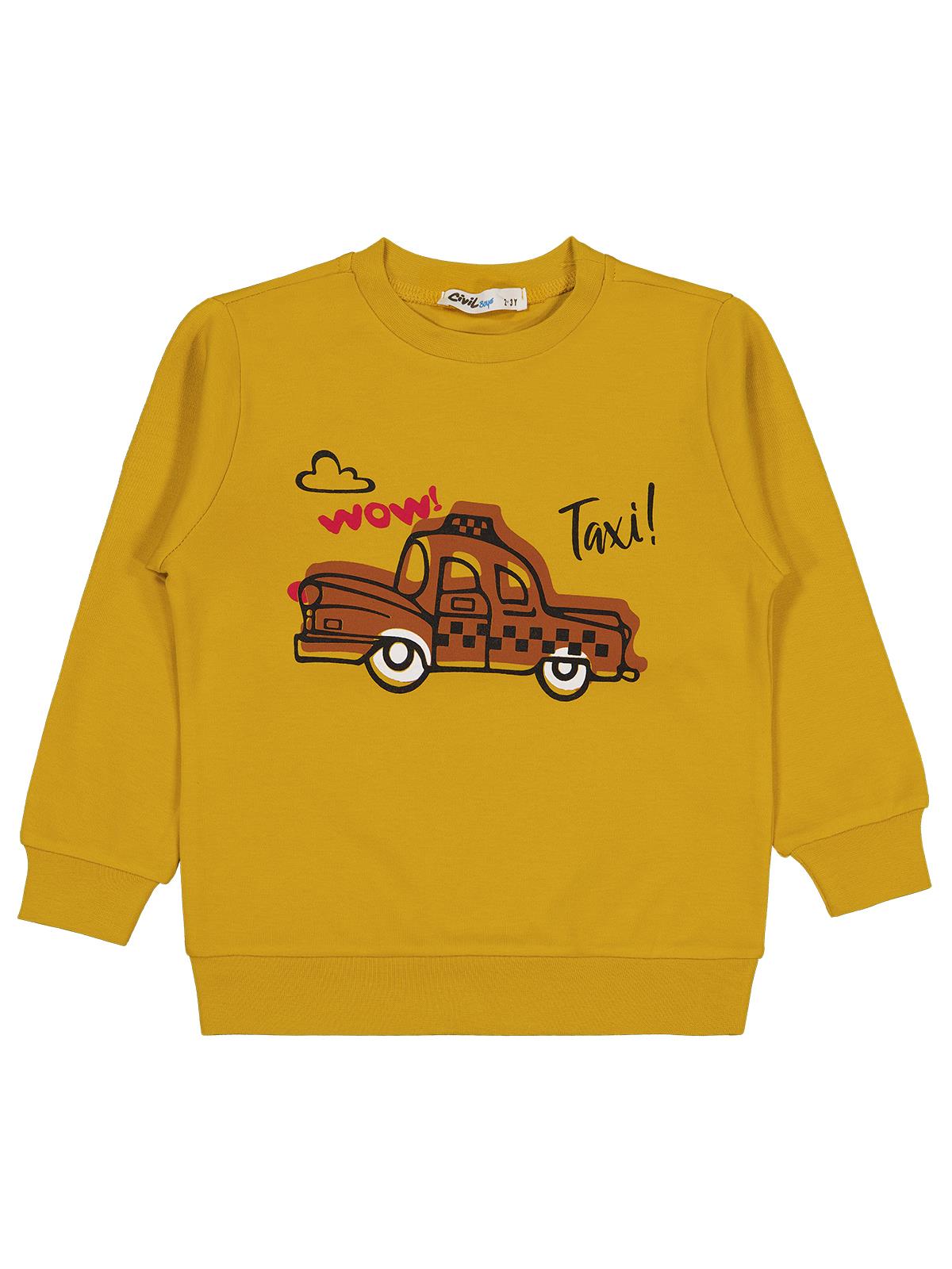 Civil Erkek Çocuk Taksi Baskılı Sweatshirt | İnterlok Uzun Kol | Okul Kreş ve Günlük Kullanım - Hardal