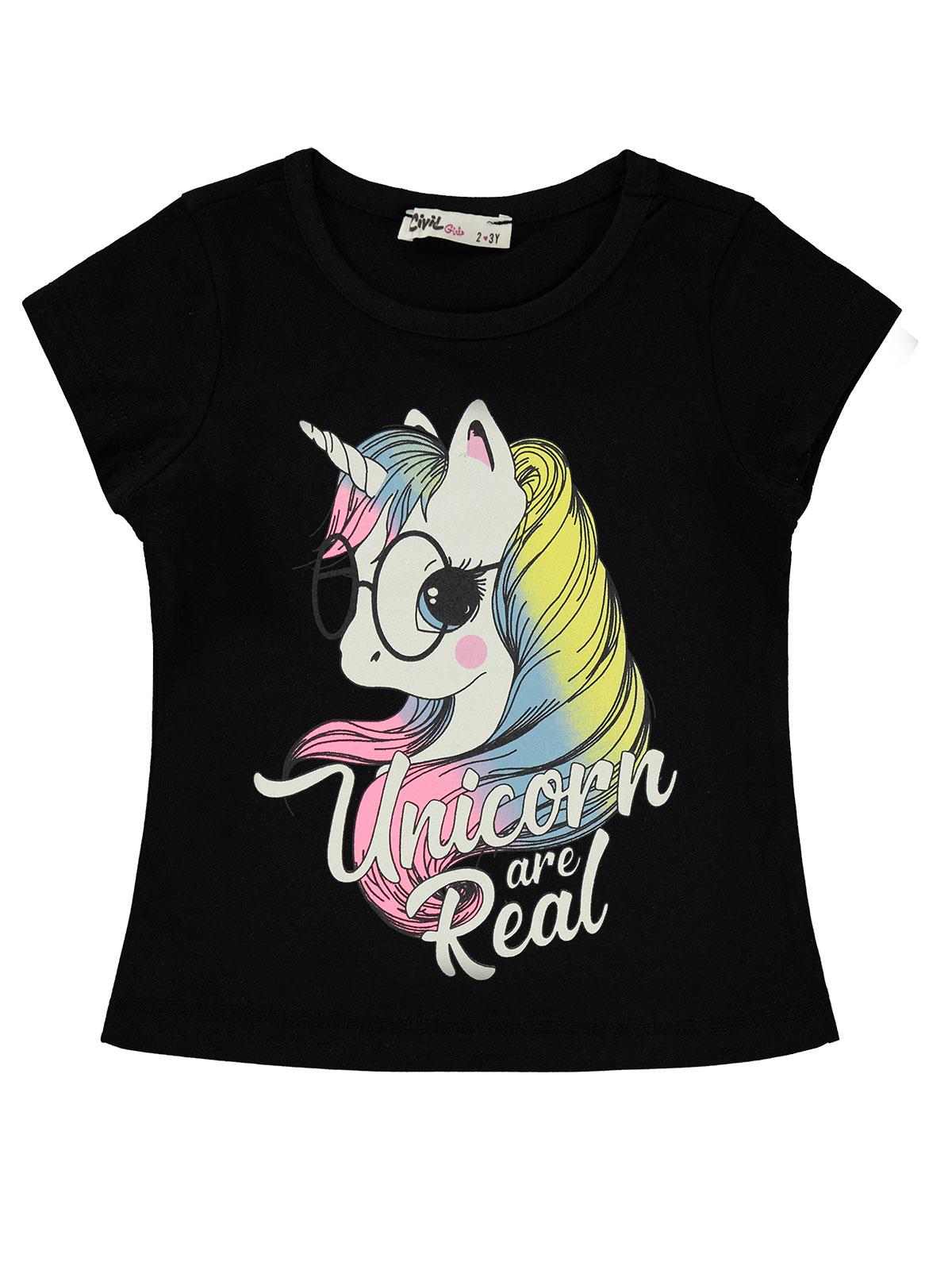 Civil Girls Unicorn Baskılı 2-5 Yaş Tişört - Siyah