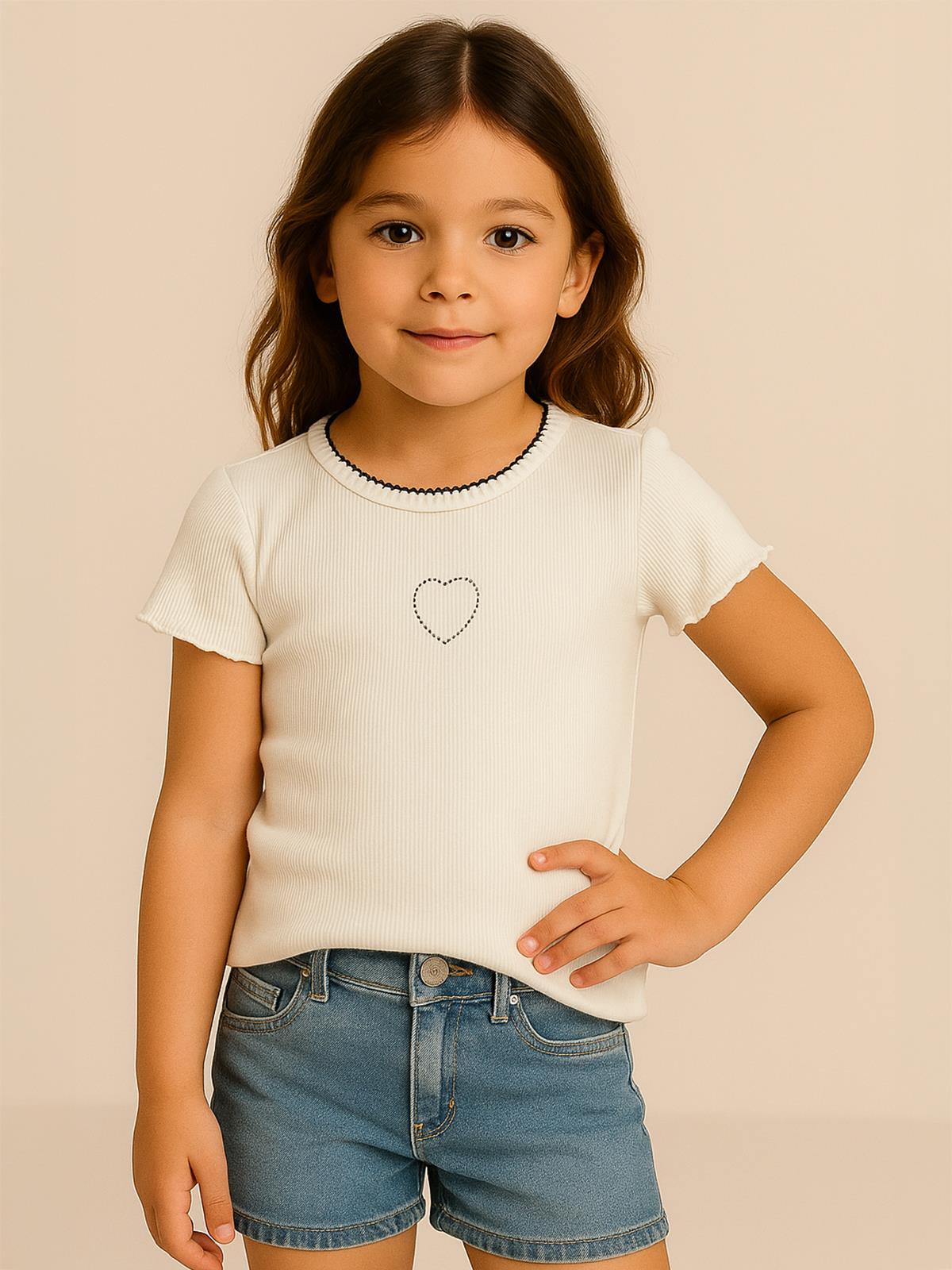 Civil Girls Kalp Baskılı 6-9 Yaş Tişört - Bej