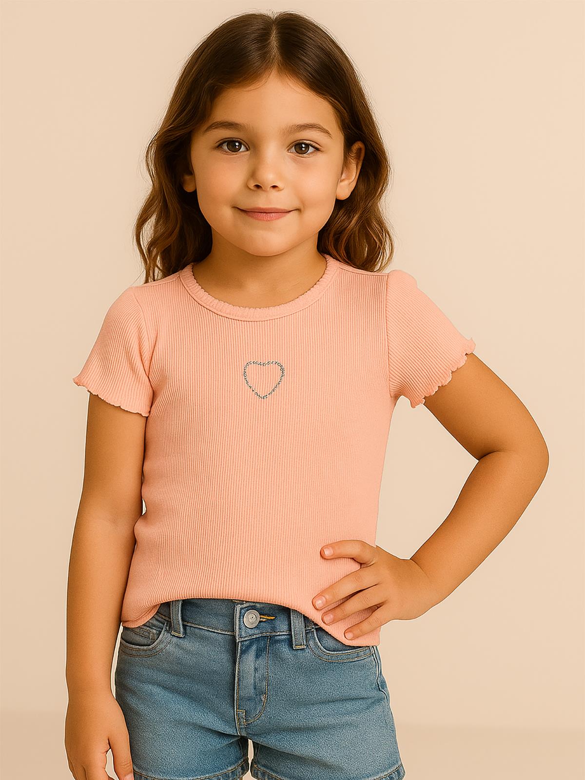 Civil Girls Kalp Baskılı 6-9 Yaş Tişört - Bej