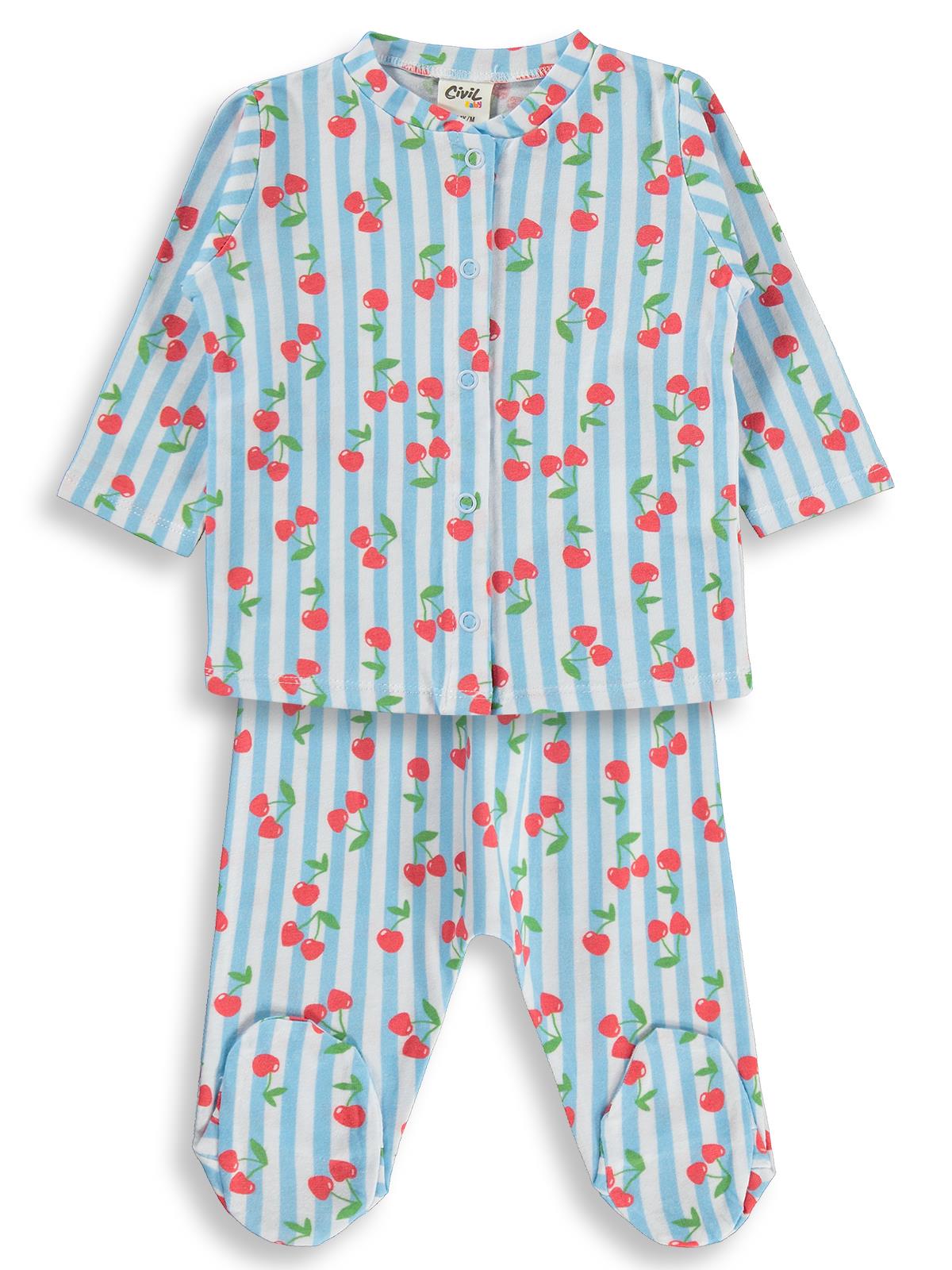 Civil Baby Çizgili Kiraz Baskılı 1-6 Ay Pijama Takımı - Mavi