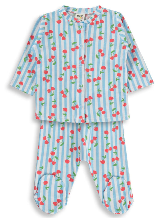 Civil Baby Çizgili Kiraz Baskılı 1-6 Ay Pijama Takımı - Mavi