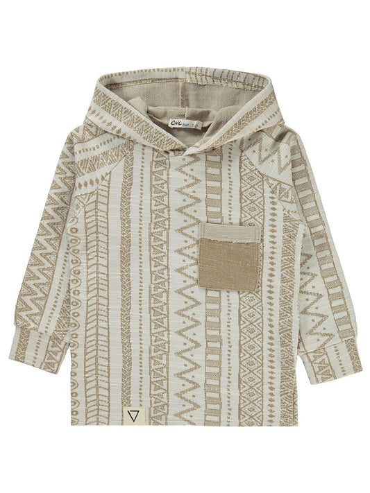 Civil Erkek Çocuk Kendinden Desenli Kapşonlu Sweatshirt | Okul Kreş ve Günlük Kullanım - Bej