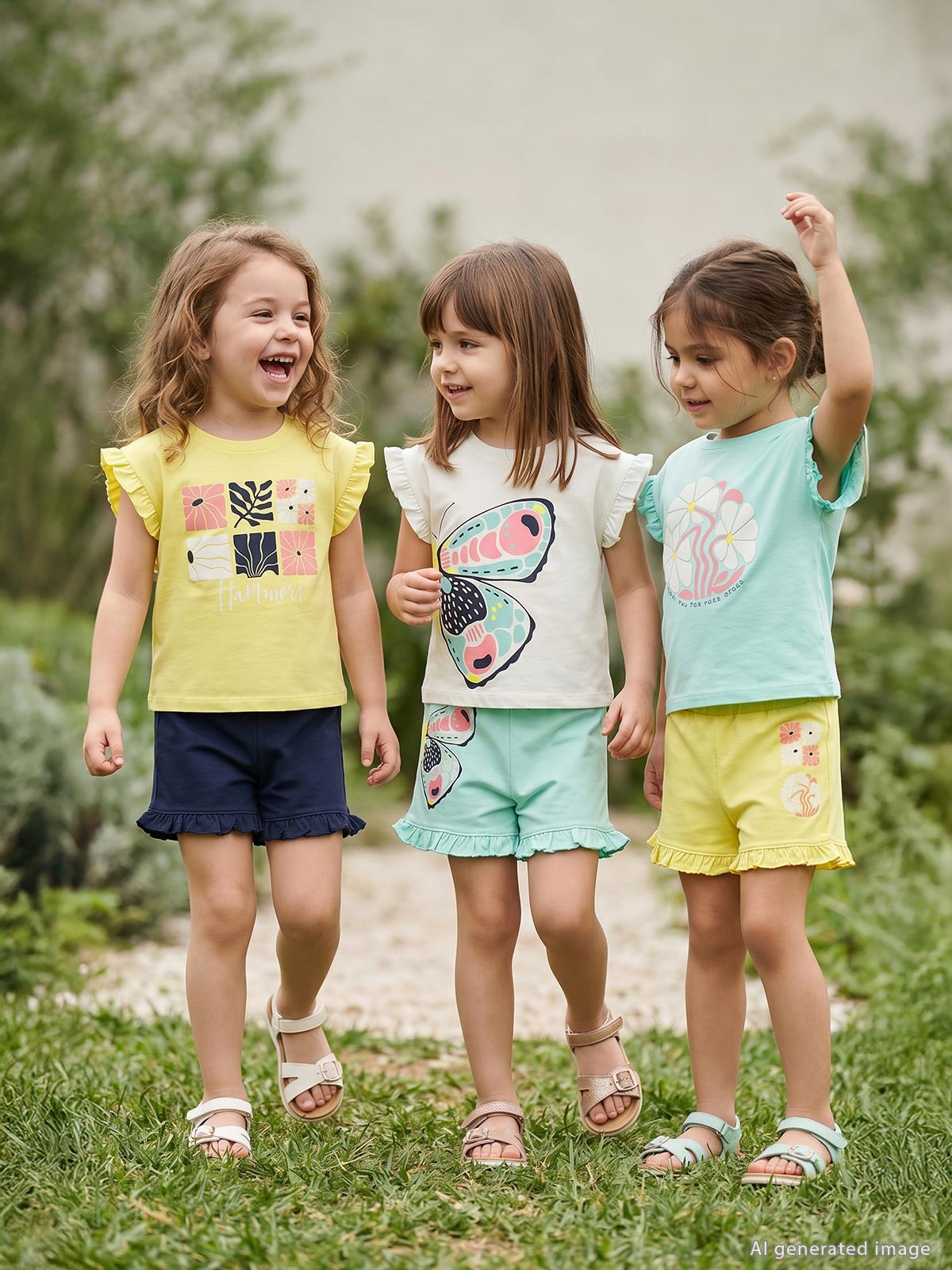 Civil Girls Kelebek Baskılı Kısa Kol 3'lü Set  2'li 2-5 Yaş Takım