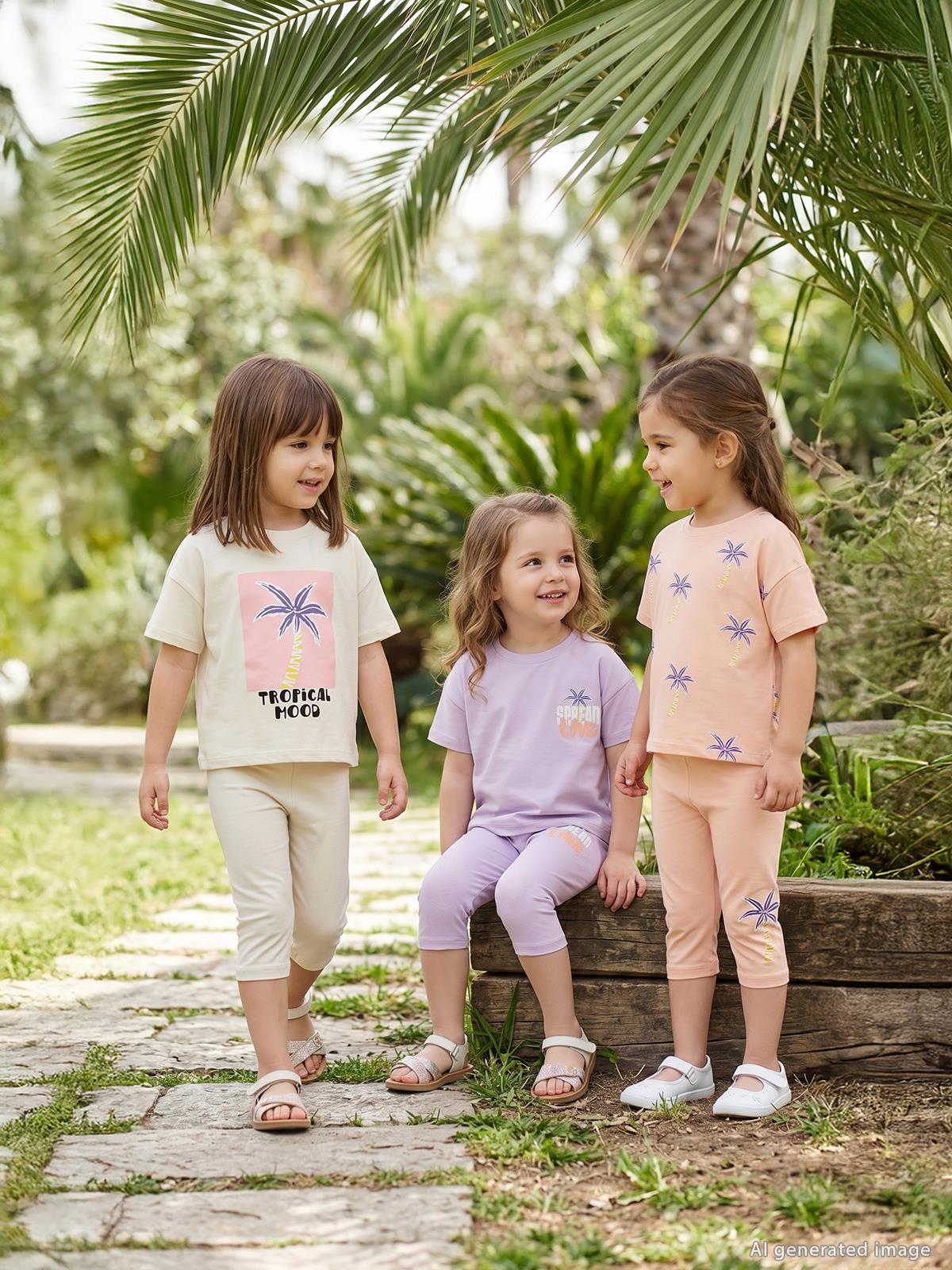 Civil Girls Palmiye  Baskılı Kısa Kol 3'lü Set 2'li 2-5 Yaş Takım
