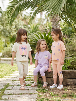 Civil Girls Palmiye  Baskılı Kısa Kol 3'lü Set 2'li 2-5 Yaş Takım