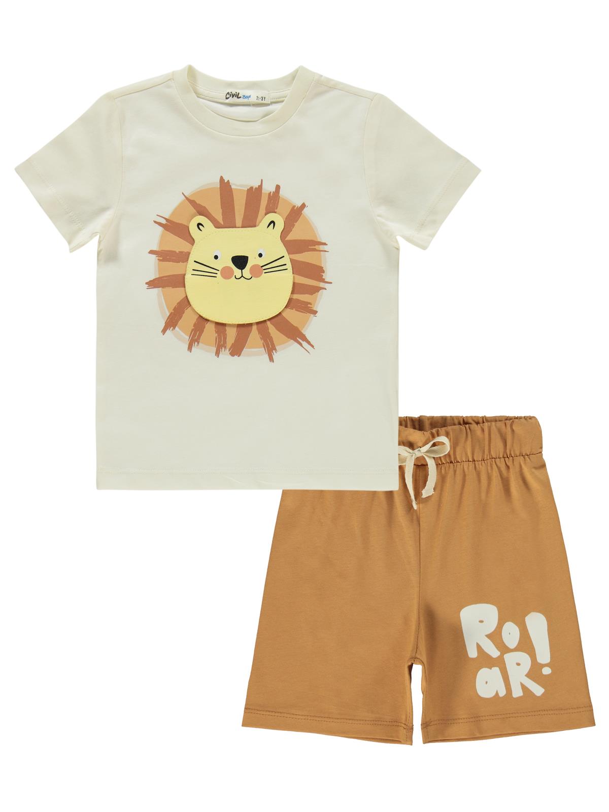 Civil Boys Ağzı Açılan Aslan Nakışlı 2-5 Yaş Pijama Takımı - Ekru