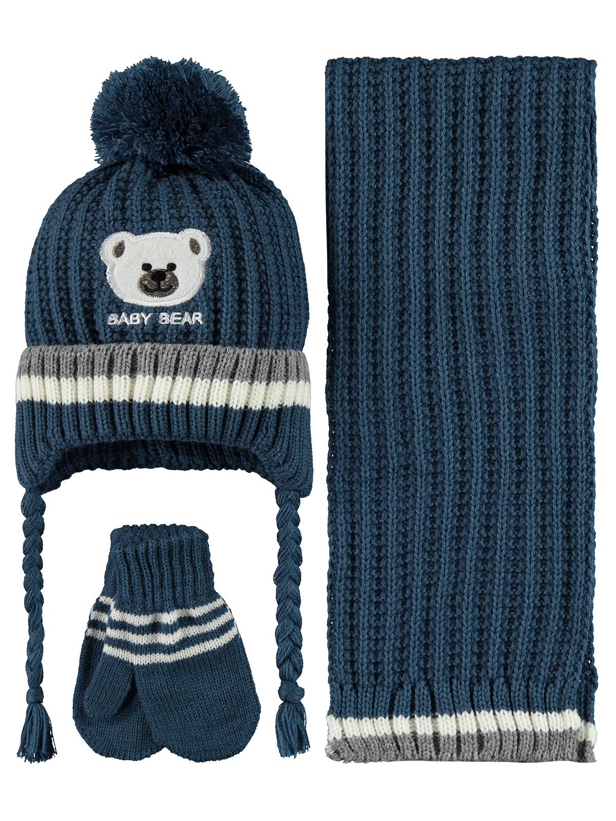 Civil Baby Baby Bear Nakış Desen 0-24 Ay Atkı Bere Eldiven Set - Mavi