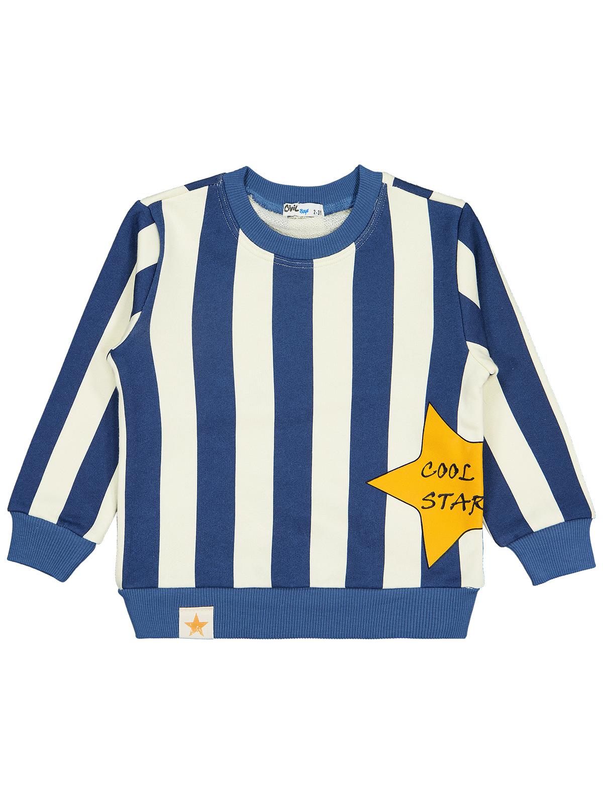 Civil Erkek Çocuk Çizgili Yıldız Baskılı Sweatshirt | 3 İp Uzun Kol | Okul Kreş ve Günlük Kullanım - Mavi