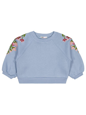 Civil Kız Çocuk Omuzu Çiçek Nakışlı Sweatshirt | 3 İp Uzun Kol | Okul Kreş ve Günlük Kullanım - Mavi